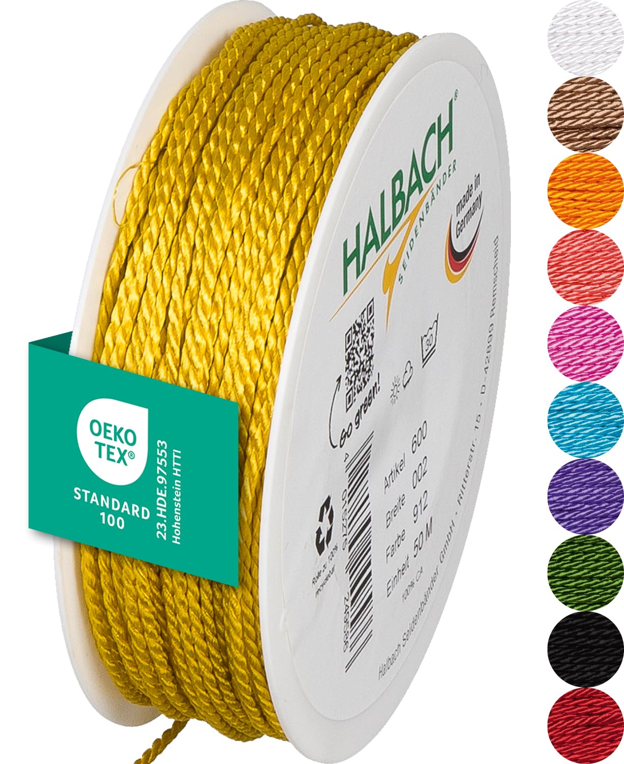 Halbach Seidenbänder Premium Kordel (gelb) | Breite 2mm Länge 50m | Made in Germany & Öko-Tex Zertifiziert | glänzende Satinkordel aus Acetat