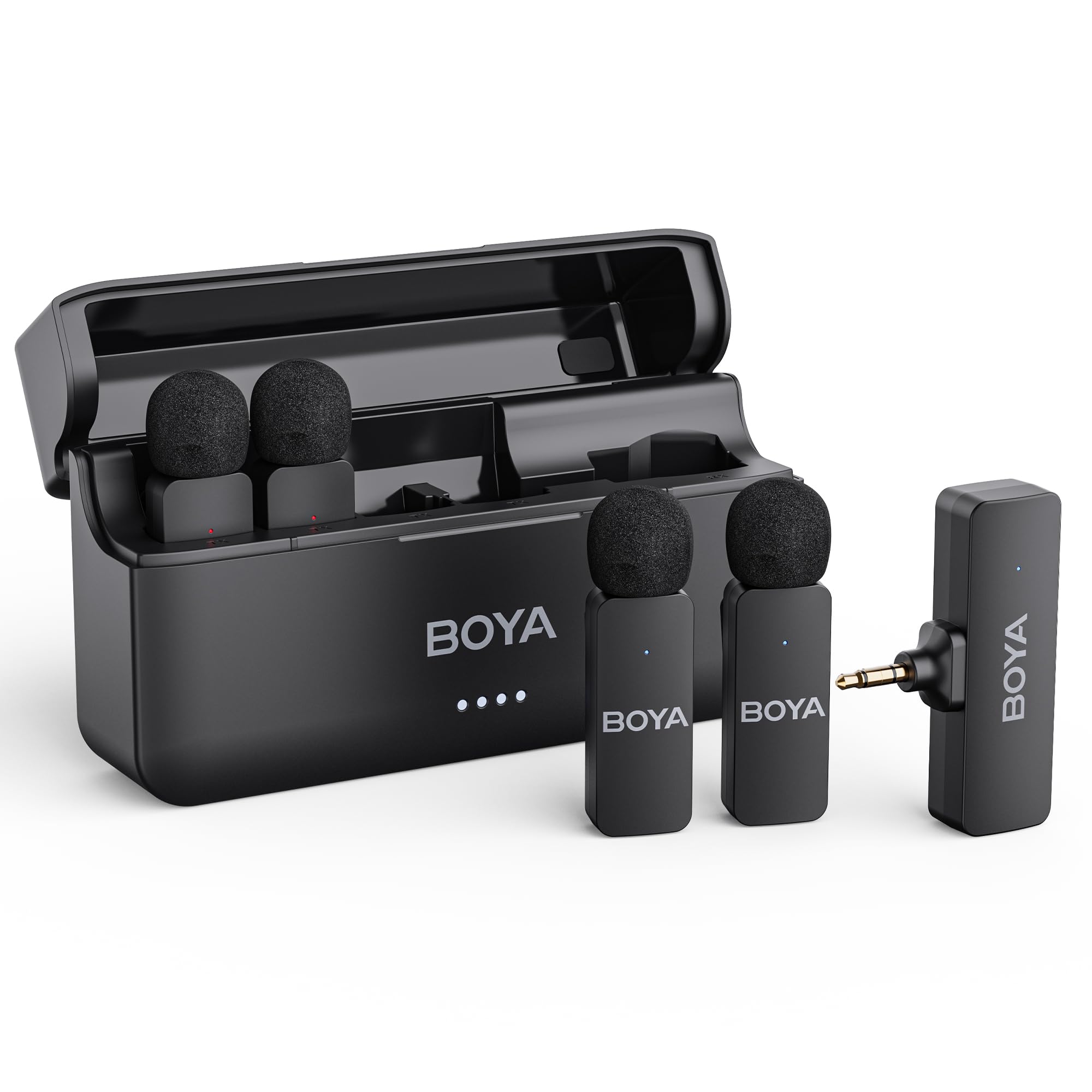 BOYA BY-V4 Microfono Wireless per Fotocamera, Uscita Mono a 4 Canali, Mini Microfono Senza Fili, Microphone Lavalier con Jack da 3,5 mm, Cancellazione del Rumore, Mic per Video Social, Streaming