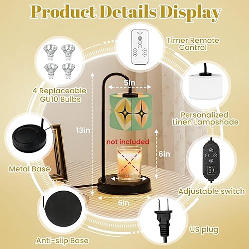 Miniatura 5 de Candle Warmer Lamp with Timer, Mid Century Vintage 1950s Modern Retro Geometric Non-Slip Wireless Remote Control Wax Melts Warmer with 4 Bulbs for
