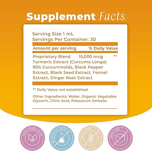 Miniatura 5 de Curcumina líquida de cúrcuma más pimienta negra orgánica natural. Máxima absorción. Apoya la respuesta normal a la inflamación. Mejora la función