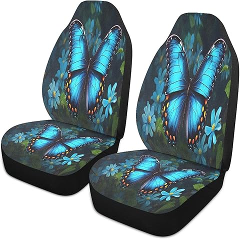 ALAZA Blue Butterfly Flower Car Seat Cover, Front Auto Seat Covers Bucket Seats Protector Set of 2 Universal fit Car SUV Truck for Men Women