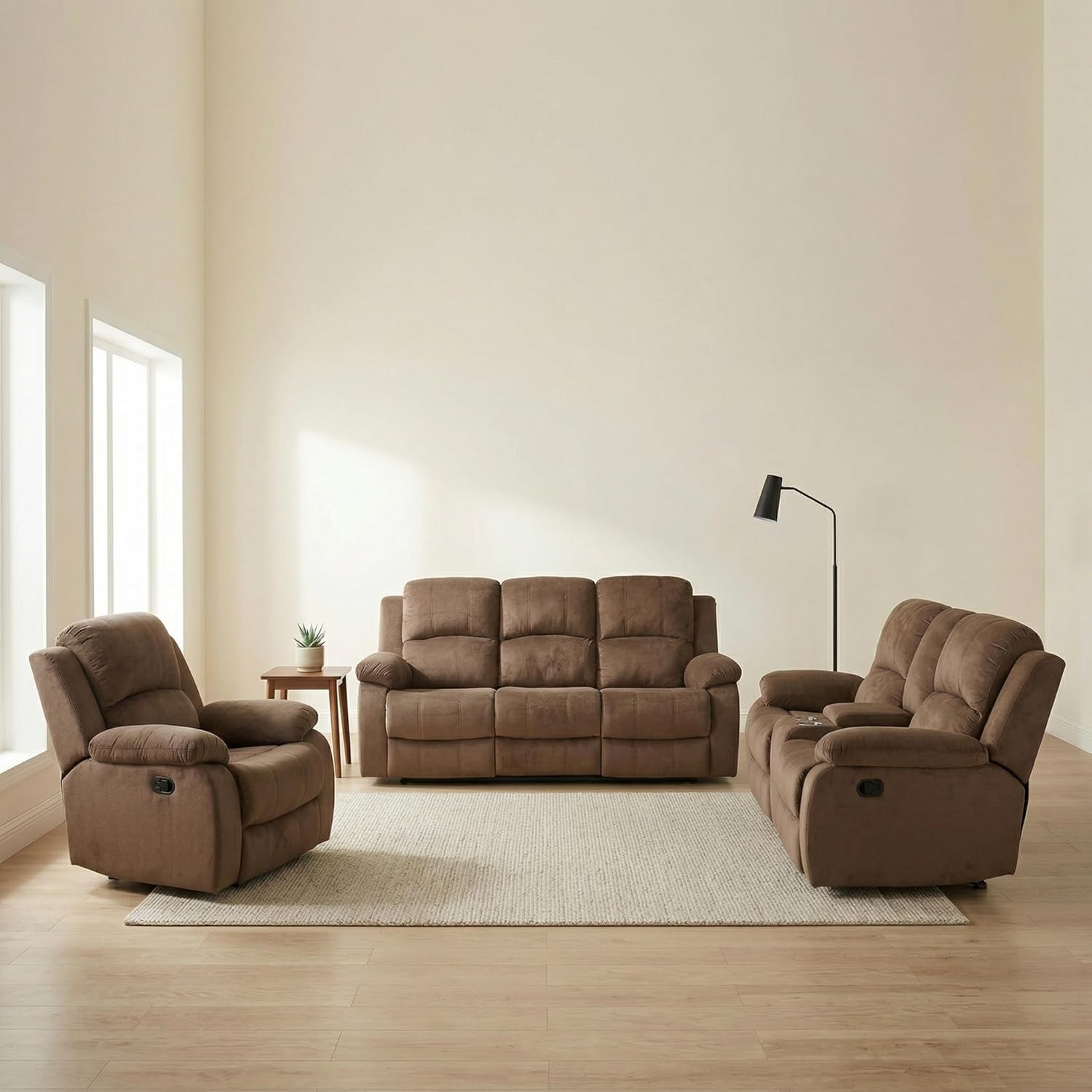 3 Piece Reclining Sofa Set, Brown Pineapple Velvet Living Room Furniture Set with Chair, Loveseat and Sofa, Storage Console, Cup Holders and Drop Down Table