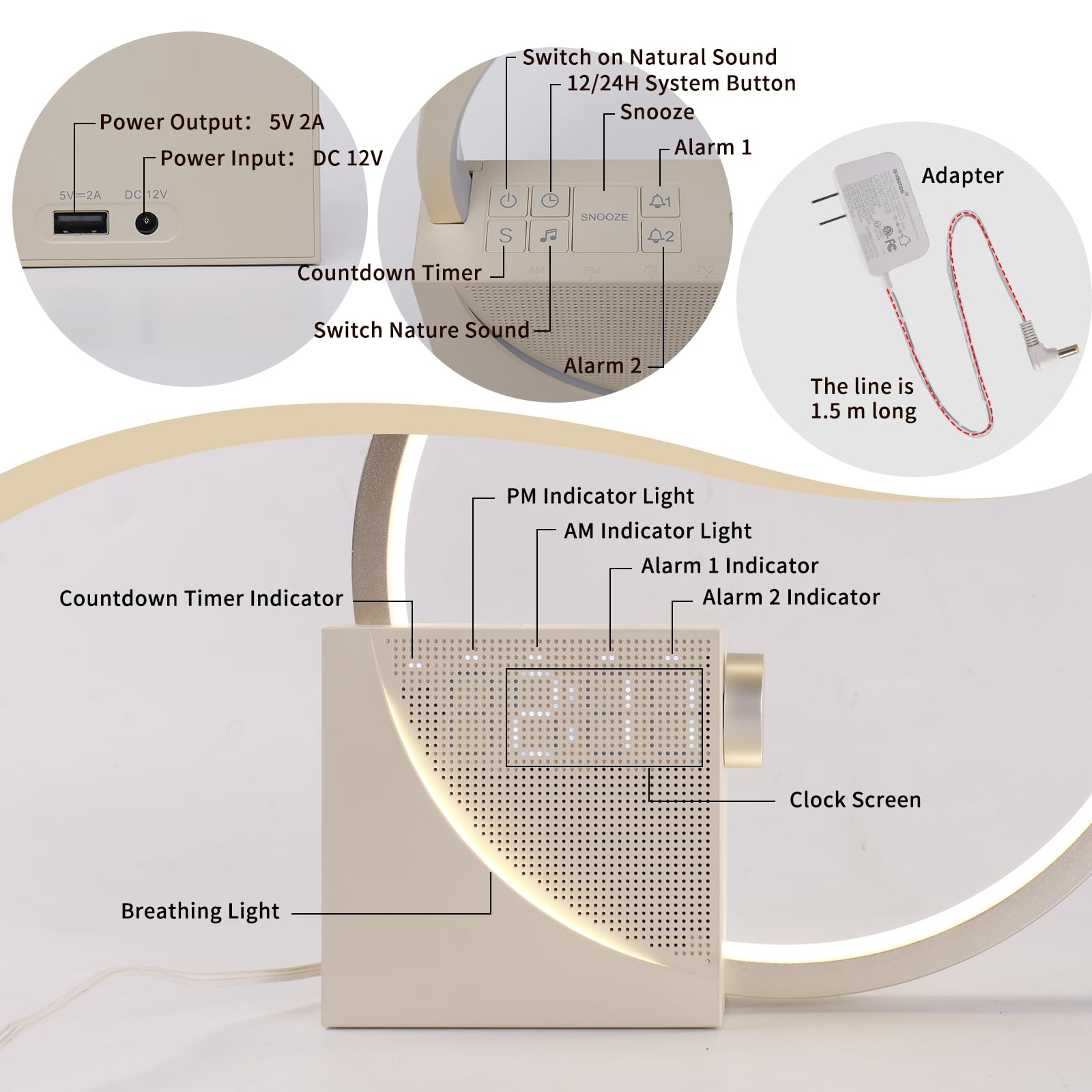 blonbar Lampada da comodino con funzione di ricarica USB da 10 W, Wake Up, 2 sveglia, 3 livelli di luminosità, touch control, dimmerabile, 10 suoni naturali (Minimalista)