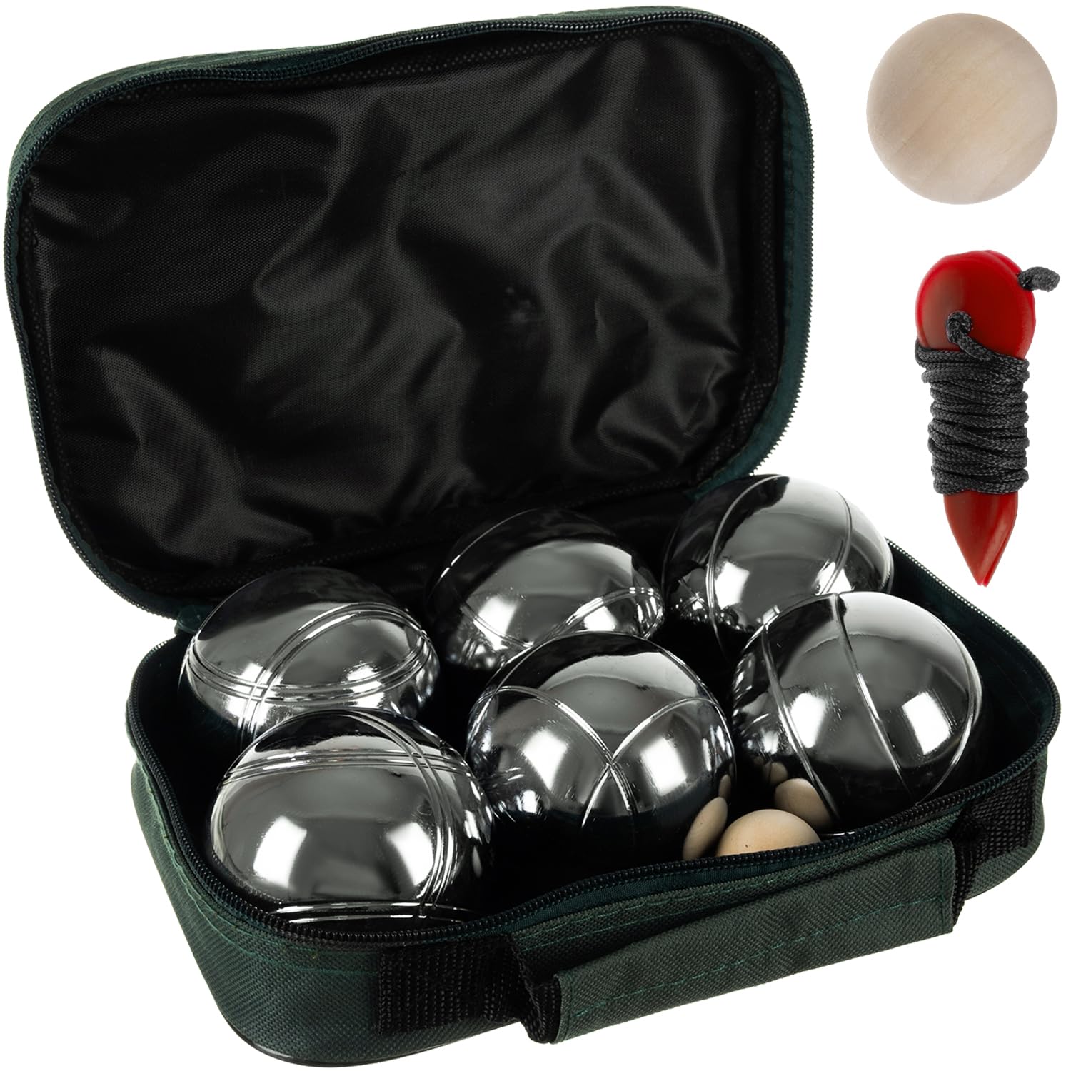 KRUZZEL Set De Petanca Con 6 Bolas Grabadas Y Accesorios - Juego Bola Madera, Cinta Métrica Bolsa Transporte