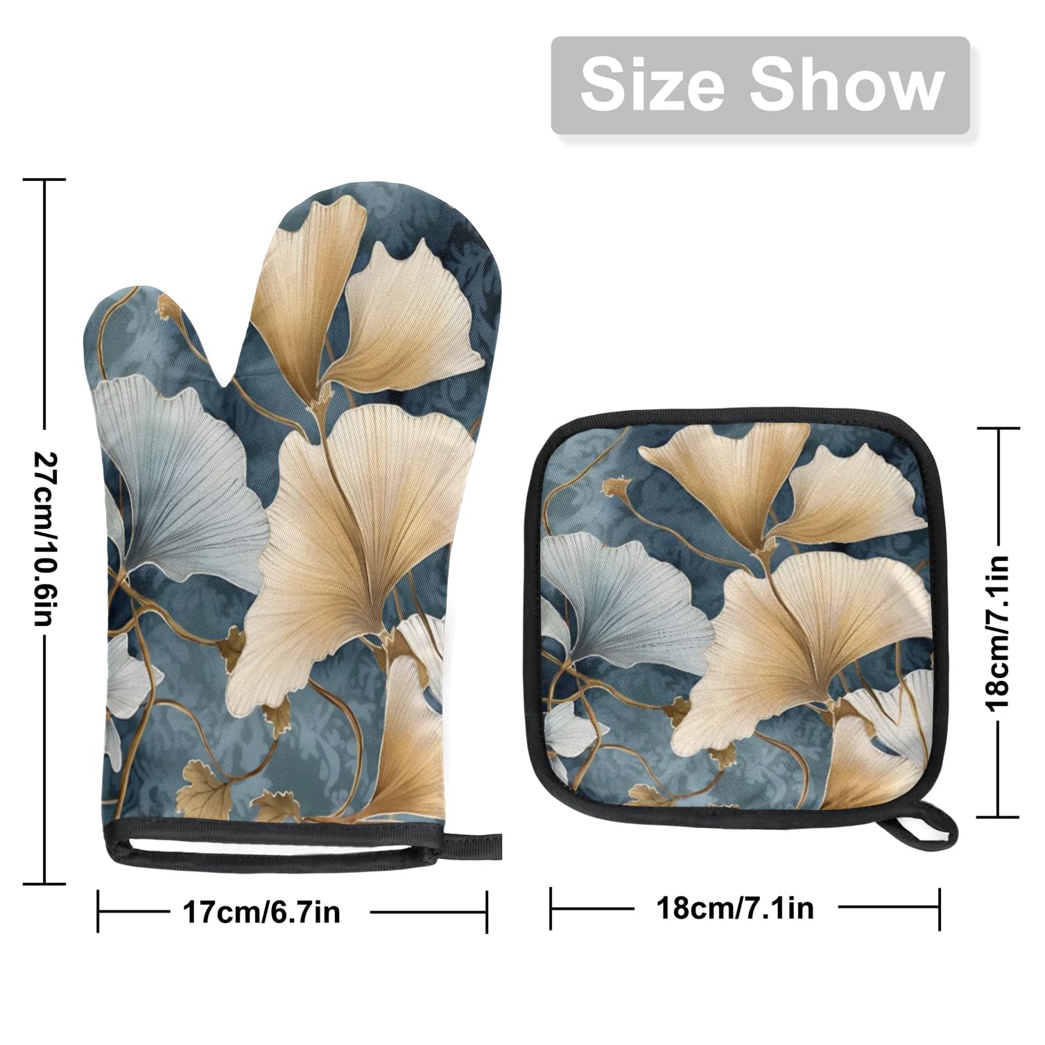 Vintage Ginkgo Biloba Oven Mitts Kitchen Oven Gloves for Cooking Baking Heat Proof Lining Cotton Kitchen Potholder Mittens Pot Holders Hot Pads for Chef Women Men