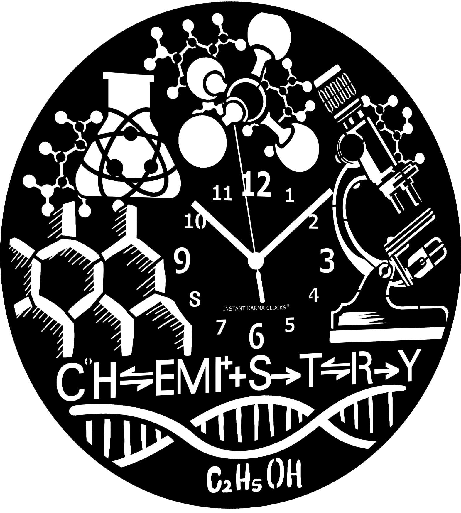 Instant Karma Clocks | Chemistry Wall Clock with Scientific Symbols – Wall Decoration – Home Office – Silent Non-Ticking