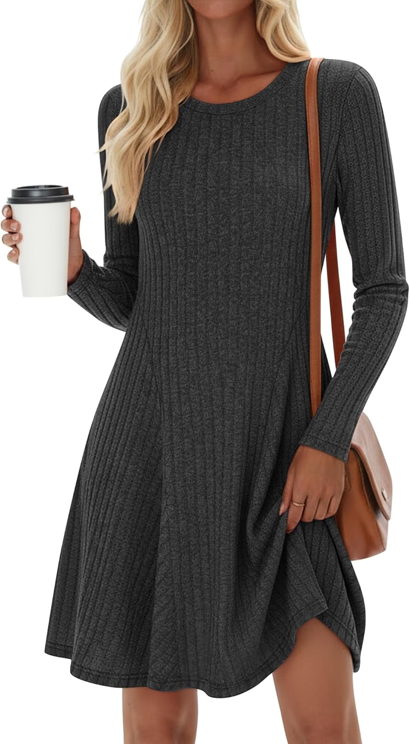 JoyMotion Women's Long Sleeve Sweater Short Dress Ribbed Crew Neck A Line Swing Dress Lightweight Fall Winter Casual Dresses(Dark Gray,X-Large)