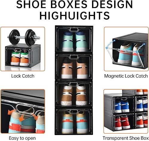 Miniatura 5 de Paquete de 12 cajas grandes de almacenamiento de zapatos, organizador de almacenamiento de zapatos transparente con puerta magnética, apilable,