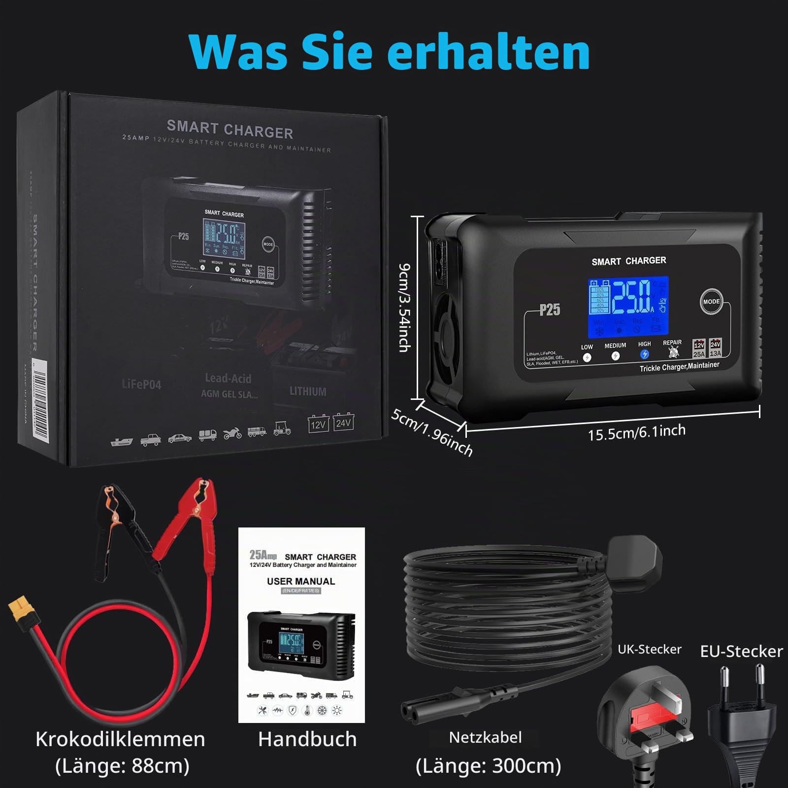 HTRC 25A Autobatterie Ladegerät 12V/24V für AGM, Gel, EFB, LiFePO4-Akkus