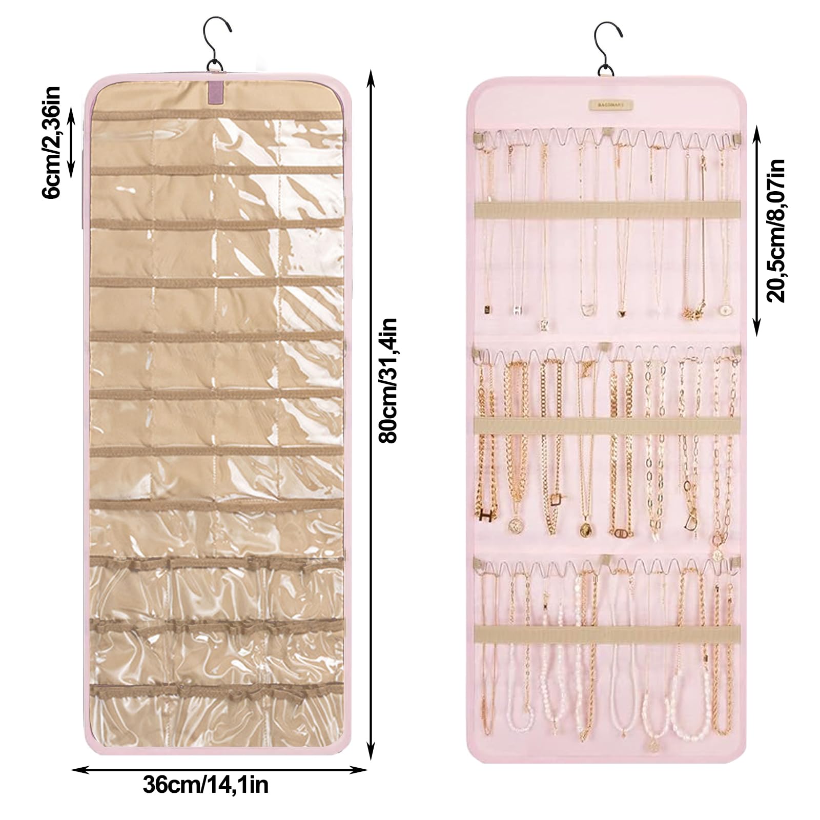 Hanging Jewelry Organizer per Armadio, Organizer per Gioielli Appeso, Organizzatore di Gioielli da Appendere, Storage Doppia Faccia per Gioielli, con 39 Scomparti e 3 Ganci a Forma di Onda, Rosa