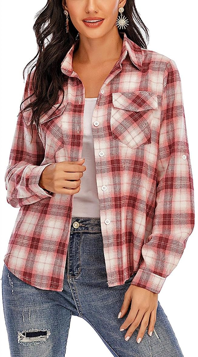 Donna Camicia a Quadri in Flanella Classico Blusa 100% Cotone Maniche Lunghe Camicetta in Base Top Casual