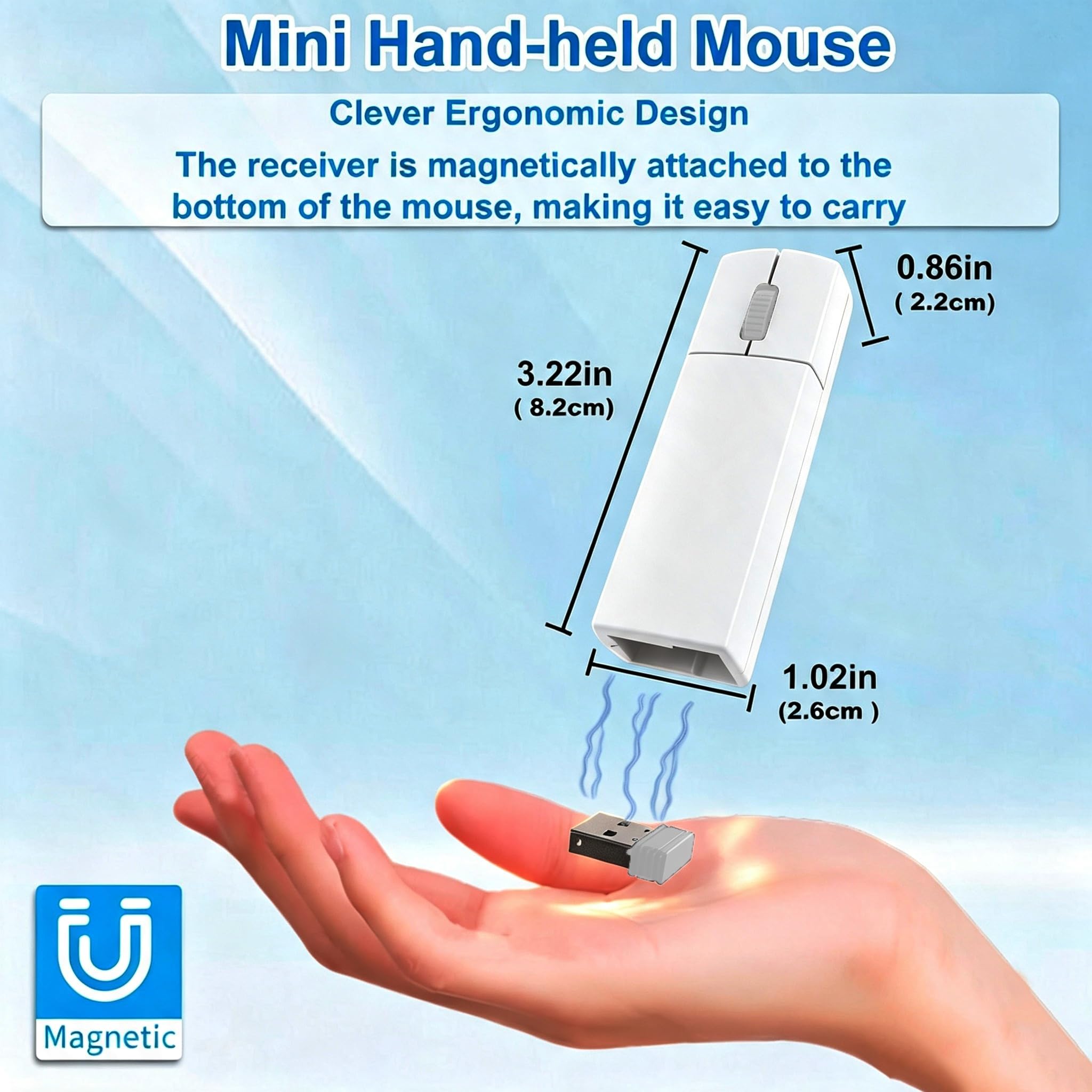 Mini-Bluetooth-Maus, kabellos, leise, Bluetooth 5.1/4.0 + 2.4 G USB, 2-in-1 tragbarer Seitenumkehrer, tragbare Air-Maus, wiederaufladbare Reisemaus mit Schutzbox, 1200 DPI Computer-Fingermäuse, Weiß