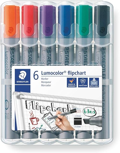 STAEDTLER 356 B WP6 Lumocolor Flipchart Markers with Chisel Tip - Pack of 6 Assorted Colours