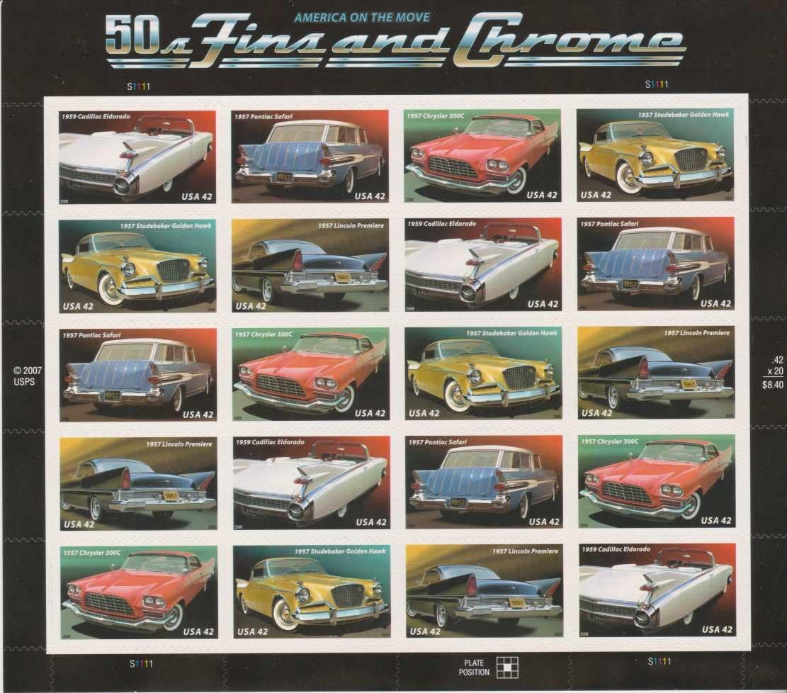 USPS 50s Fins and Chrome America On The Move Automobiles of The 1950s - 1959 (Sheet of 20) 42 Cent Classic Cars Postage Stamps 2008 Scott #4353-4357