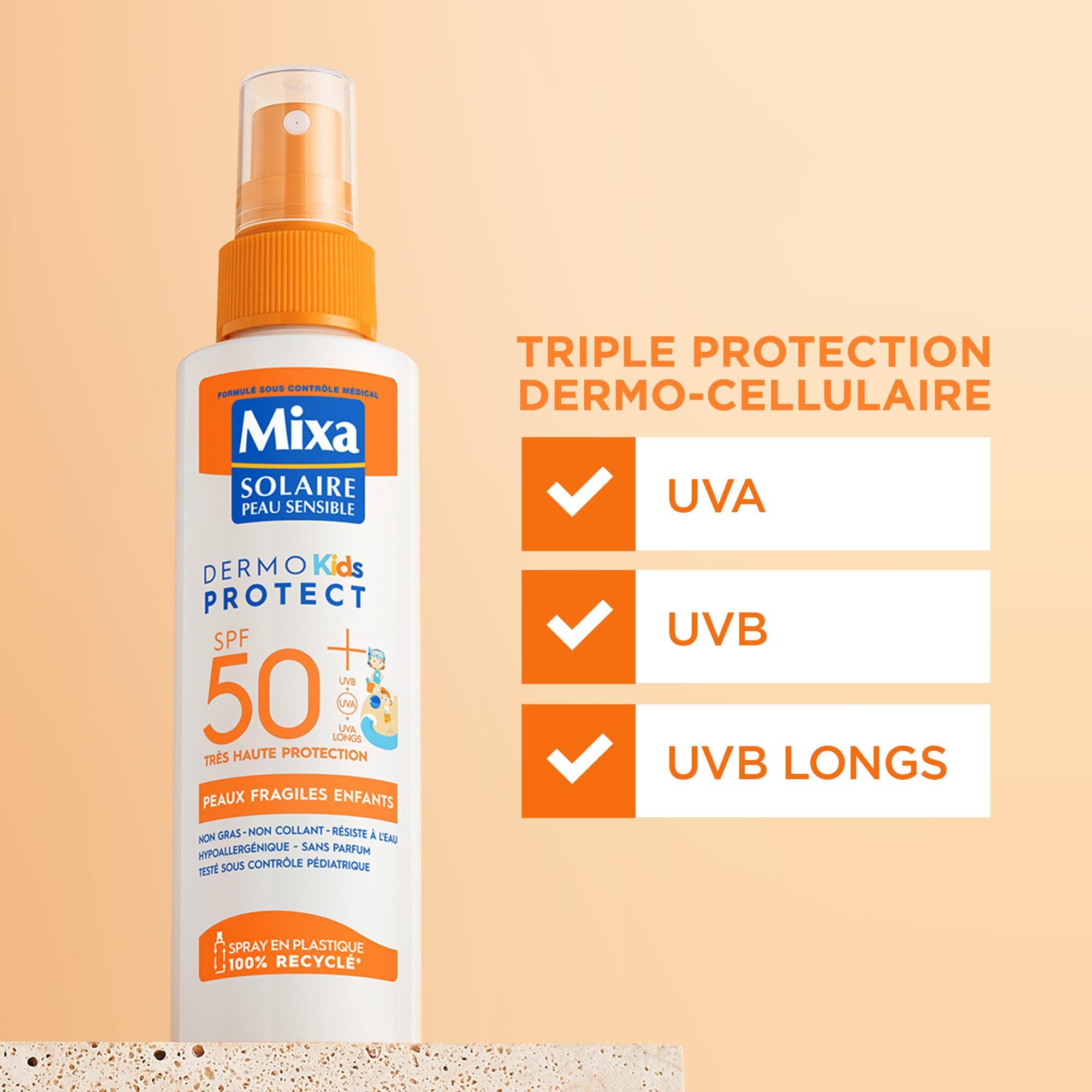 Mixa Solaire Peau Sensible - Spray Solaire Très Haute Protection SPF50+ UVA, UVA longs, UVB - Peaux Fragiles Enfants - Résistant à l'Eau - Anti-sable - Hypoallergénique, Sans Parfum - 150ml