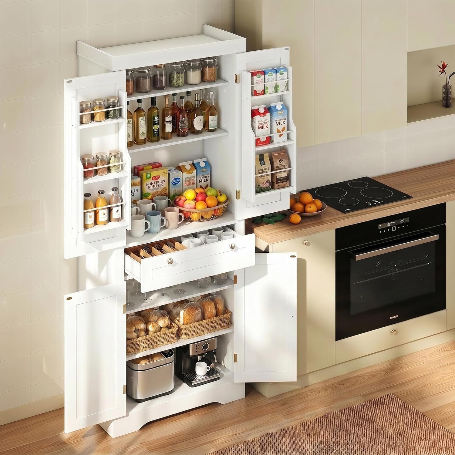 Küchenschrank, 182cm Vorratsschrank Weiß, Sideboard Wohnzimmer mit 1 Schubladen und 4 Türen, 76 x 40 x 182 cm, Spanplatte + MDF, Moderner Hochschrank Küche für Küche, Esszimmer und Wohnzimmer