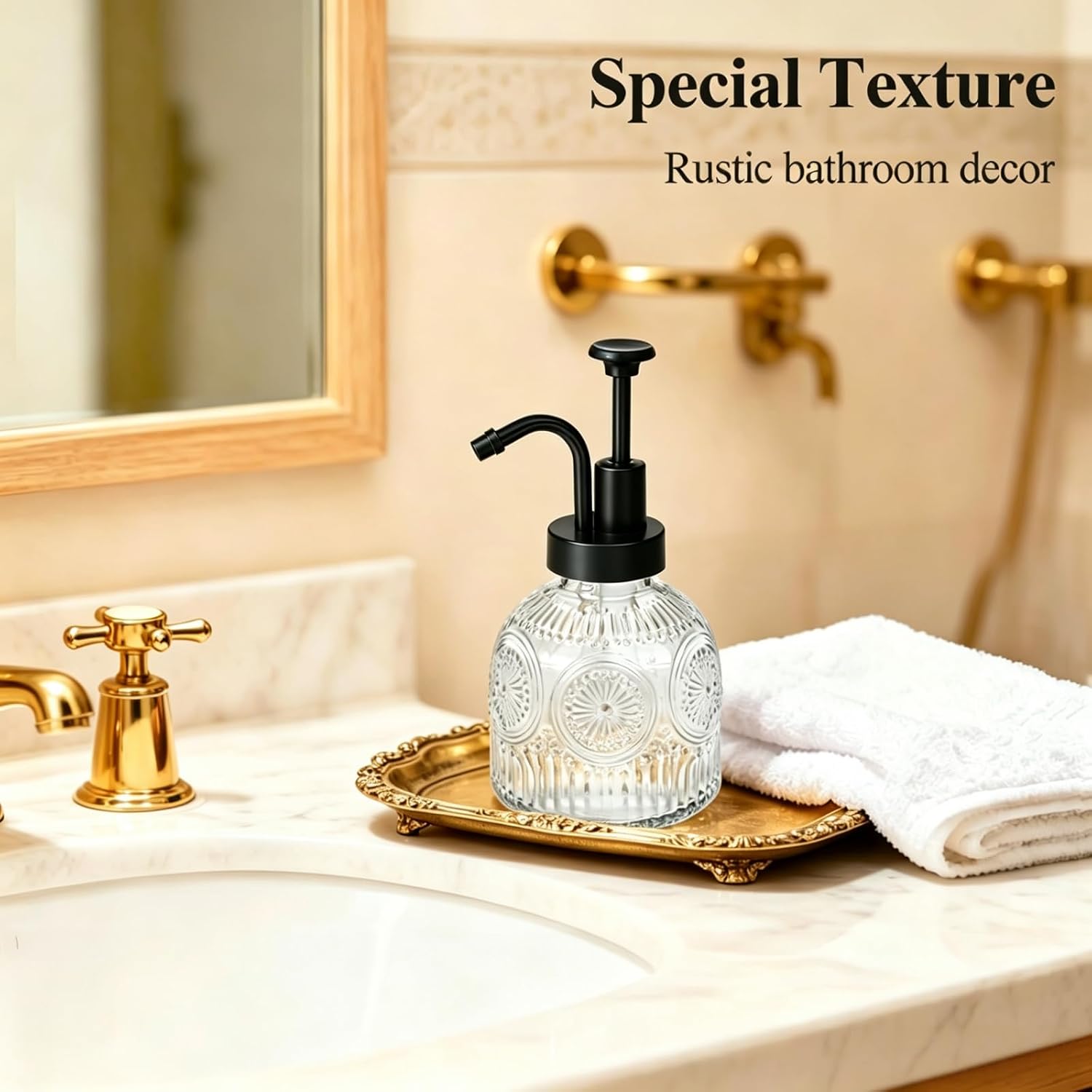 SheeChung Vintage Soap Dispenser, Kitchen Dish Soap Dispensers with Pump Mat, Glass Hand Soap Dispenser for Bathroom, Liquid, Lotion, Refillable, Rustic Farmhouse Decor-Clear (Black Pump, 1 pk)