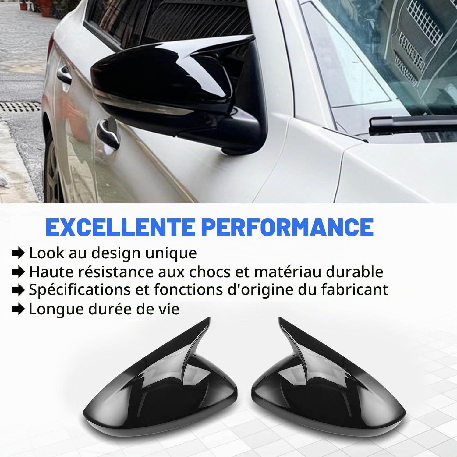 TECTICO Couvercles de Miroir Latéral, Boîtier de Rétroviseurs en Plastique ABS, Compatible avec Peugeot 208, 308, 408, 508, 307, 2008, 4008, 5008 (2013–2023) - Noir Brillant, 1 Paire