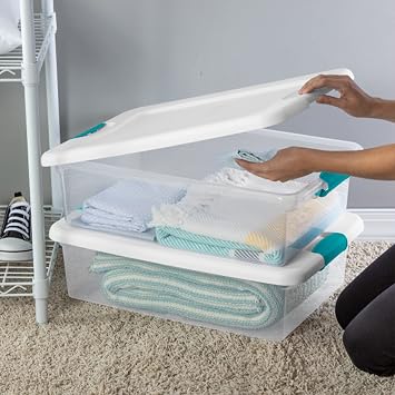 Sterilite Storage System Solution with 32 Quart Clear Stackable Storage Box Organization Containers with White Latching Lid, 7 Pack