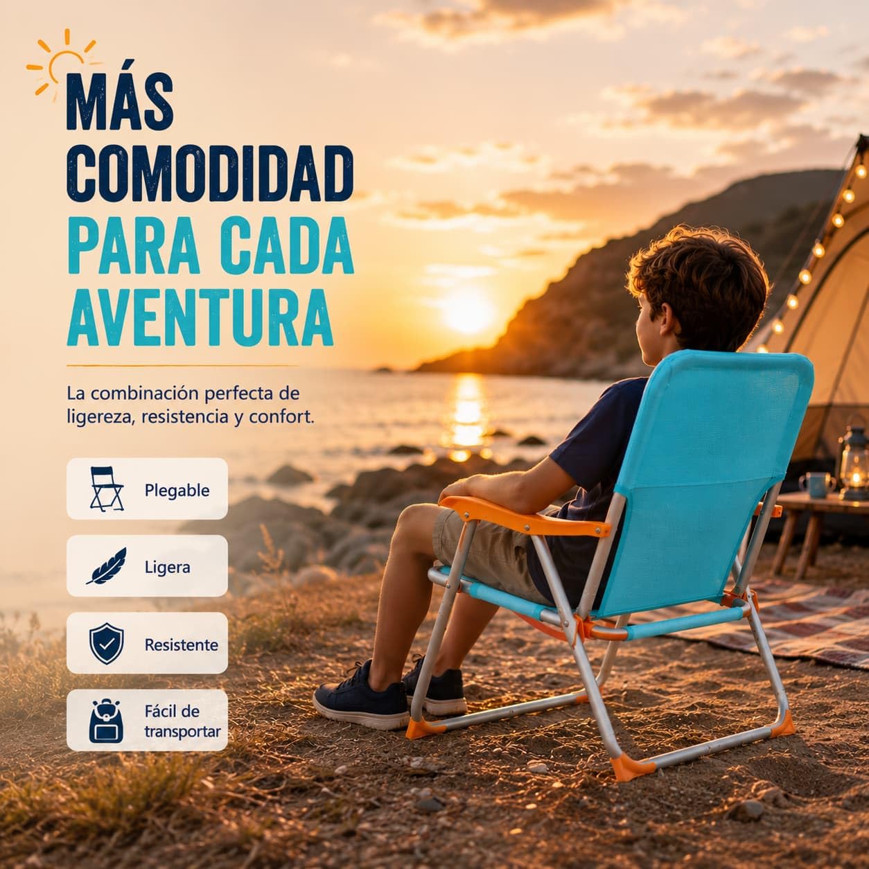 Silla de Camping para Niño Plegable - 24cm Altura Asiento - para Playa, Terraza, Jardin - Asa para Fácil Transporte y Reposabrazos - Ligera - Textileno y Aluminio - para Niños de 6 a 14 Años (Azul)