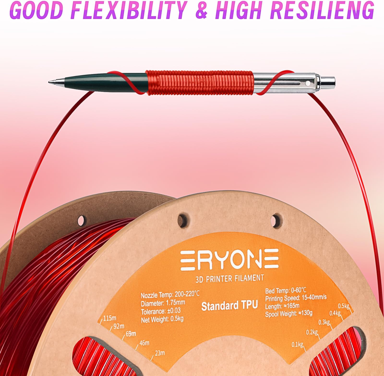 ERYONE TPU Filament 1.75mm, 3D Drucker Filament TPU 0.5kg 1 Spool, -0.05mm, 95A, Transparent red