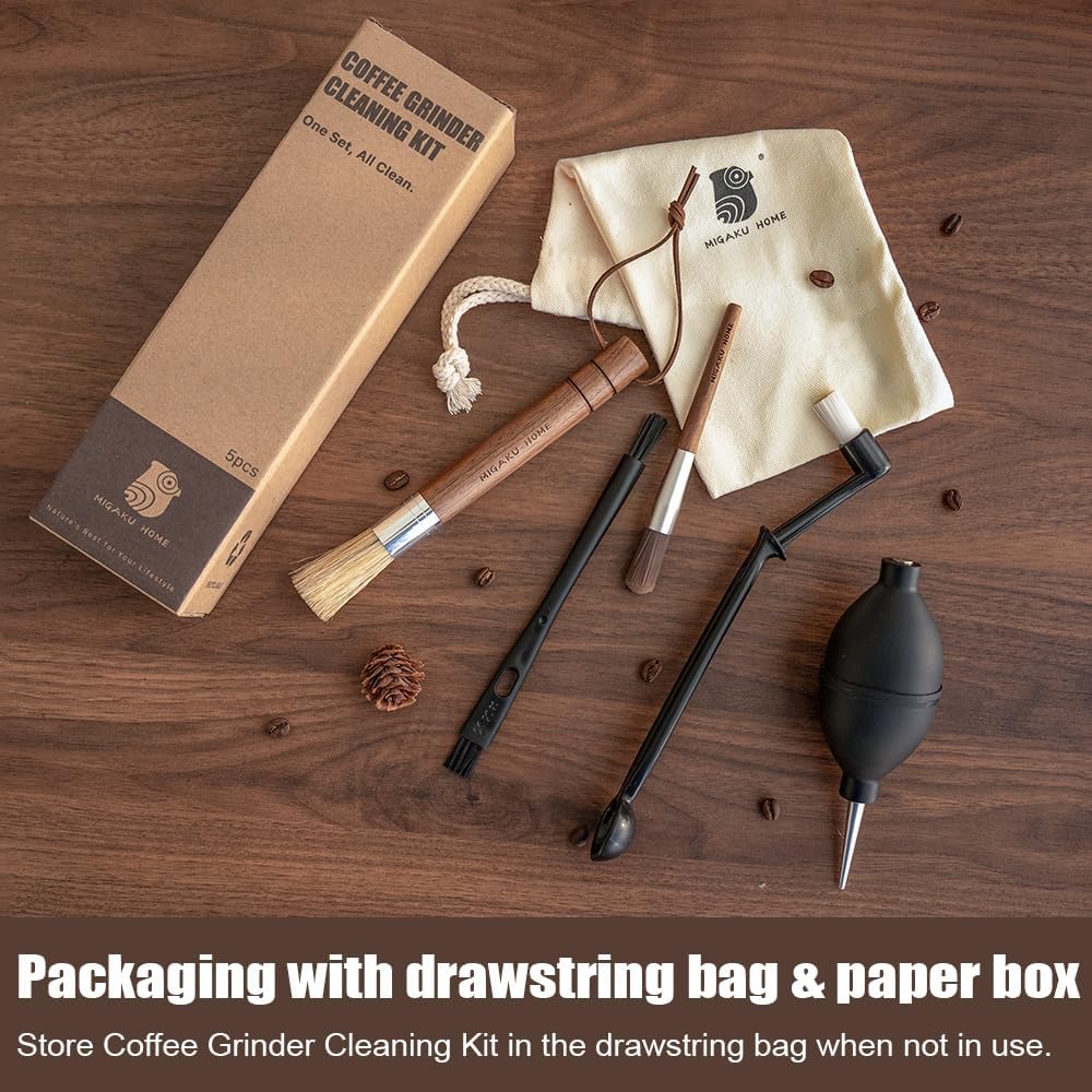 Coffee Grinder Cleaning Kit - 5Pcs Large Soft Brush, Small Hard Brush, Group Head Brush, Long-reach Brush & Air Blower for Coffee & Espresso Machine Parts & Accessories