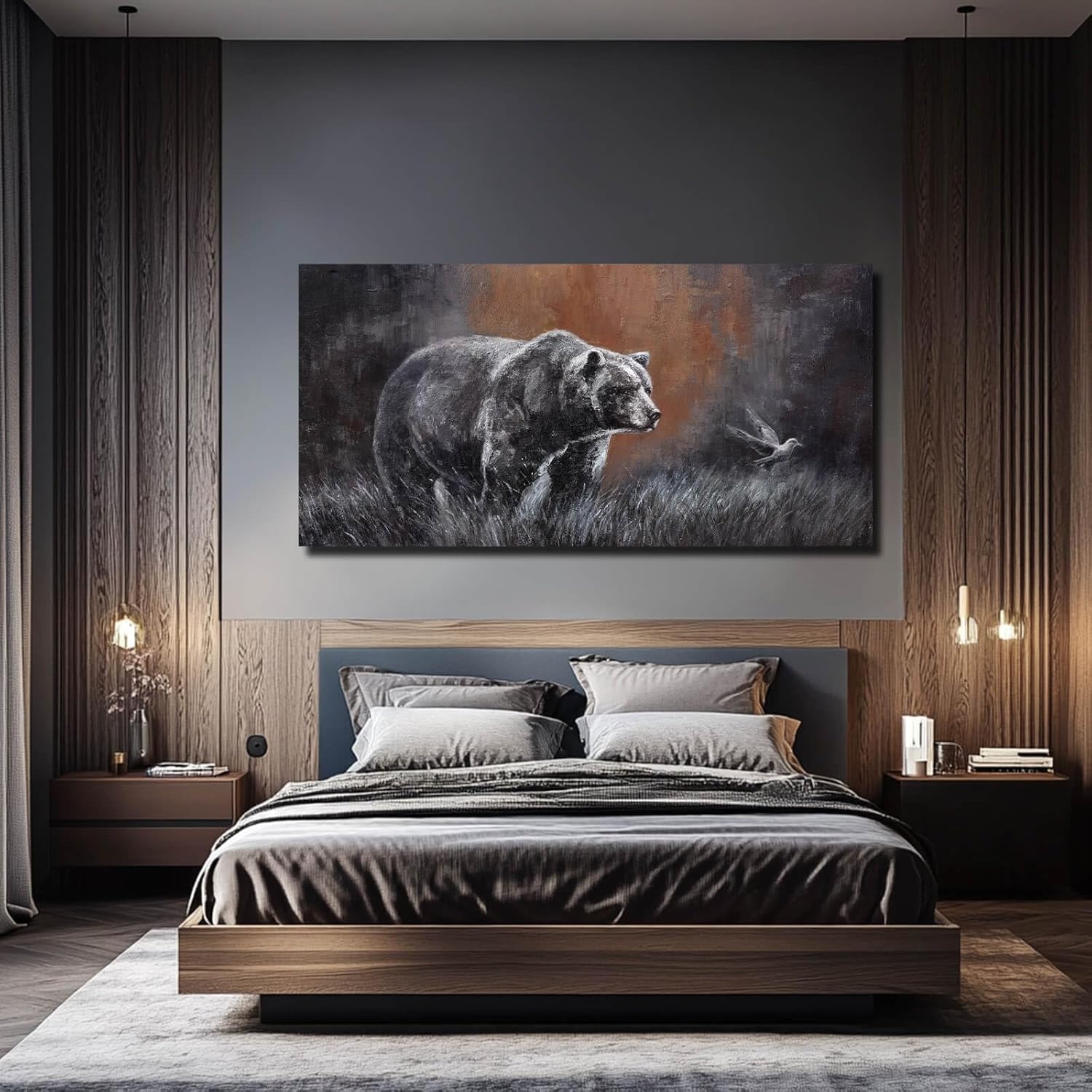 ZHENGYIN Extra Wide Panoramic Bear Canvas Wall Art,Black and White Wildlife Artwork, Earth Tone Background, Modern Rustic Wall Decor for Great Room Living Room, Over Sectional, 29x58 Inch