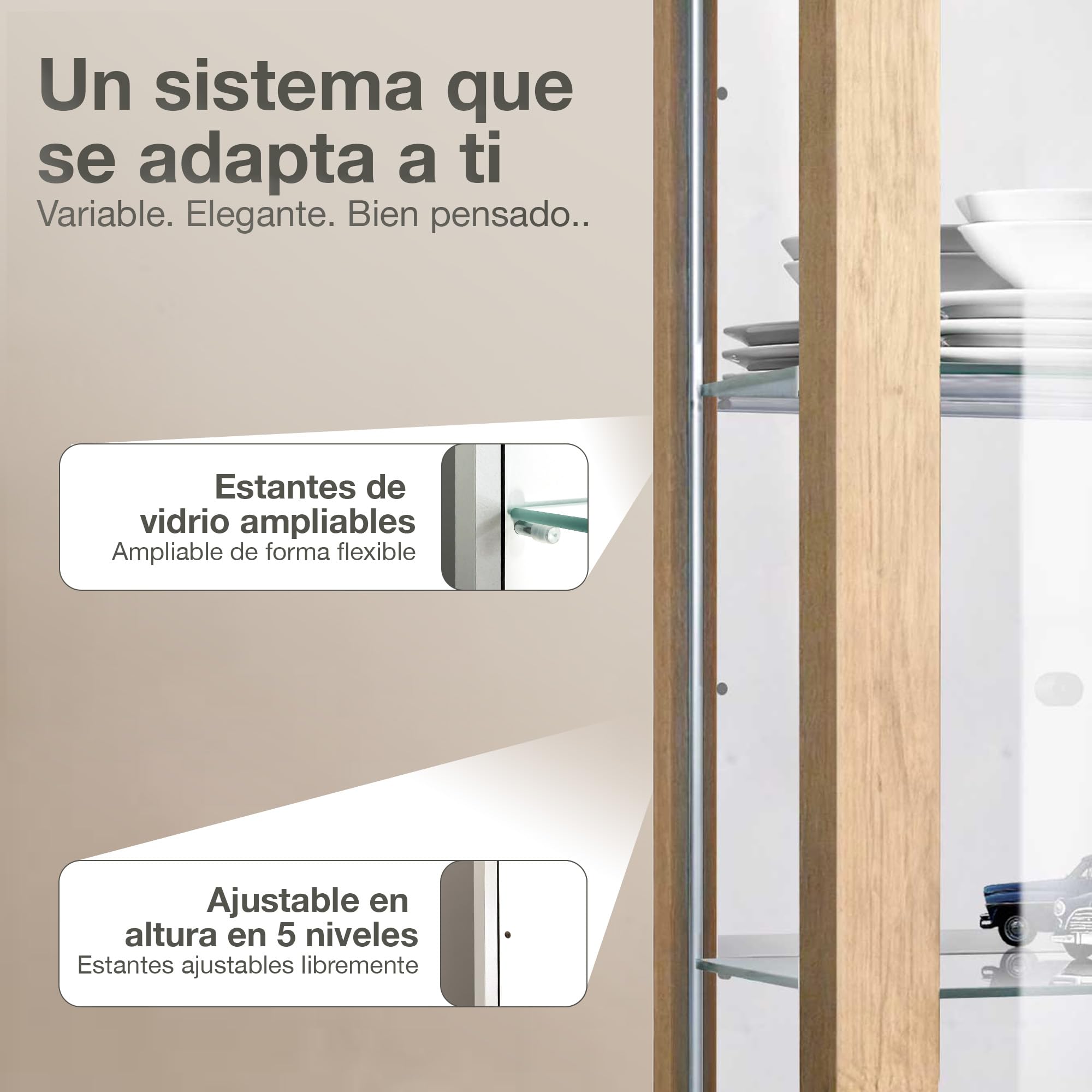 Vitrina de Cristal en Roble de Sonoma (80x60x25 cm) con 2 estantes de Cristal Ajustables en Altura, Espejo y LED - Vitrina para maquetas de Coches (Haya, 80x60x25 cm)
