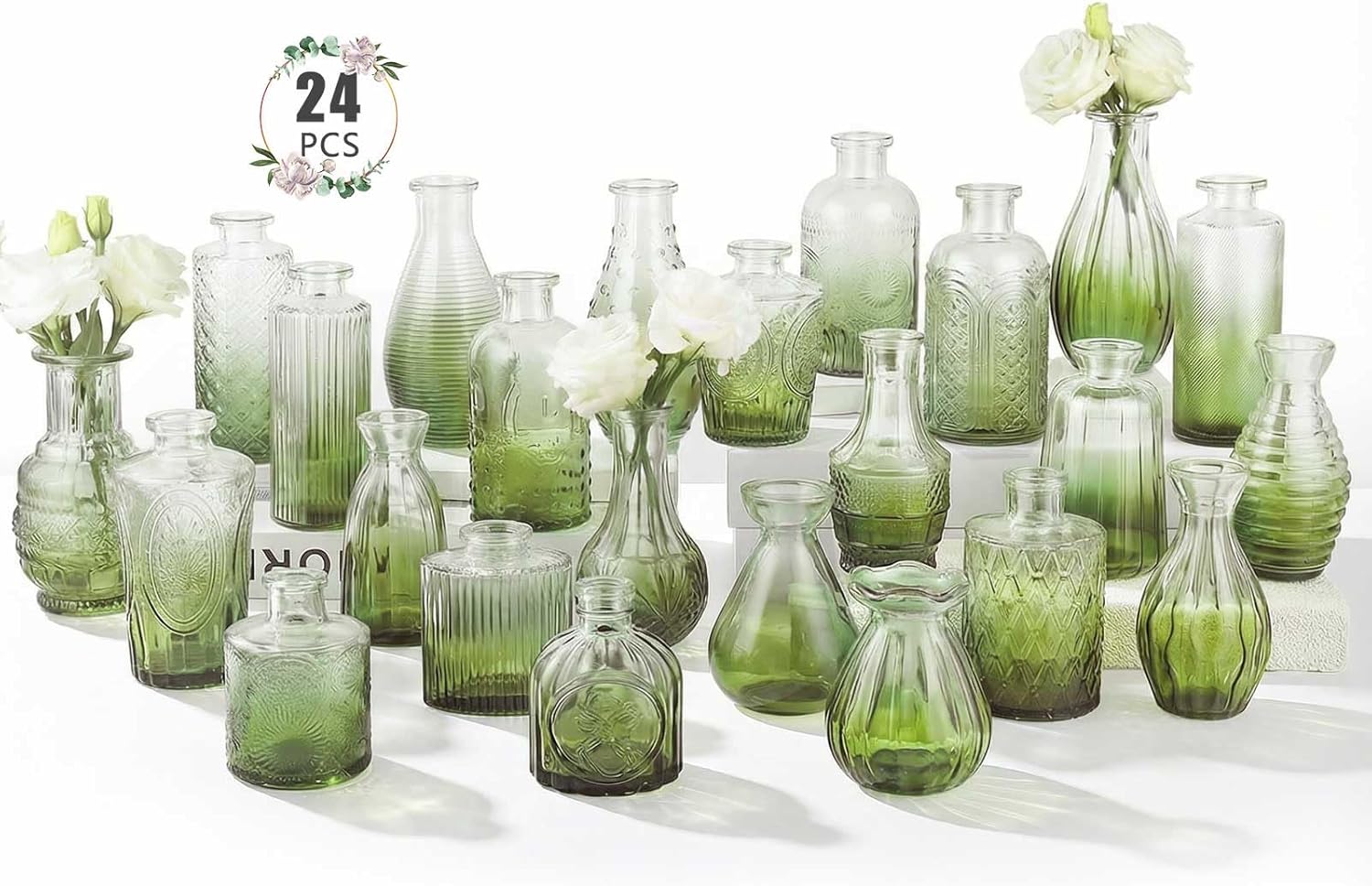 24 Pack Glass Vase in Bulk - BEAHOT Green Flower Bud Vases for Wedding Decorations, Glass Vase for Table Decorations, Small Vase for Home&Baby Shower, Mother's Day, Centerpieces, Party(Green Gradient)