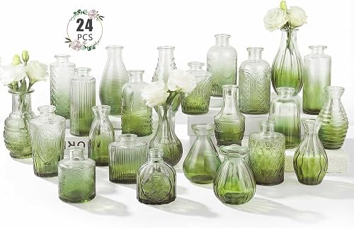 24 Pack Glass Vase in Bulk - BEAHOT Green Flower Bud Vases for Wedding Decorations, Glass Vase for Table Decorations, Small Vase for Home&Baby Shower, Mother's Day, Centerpieces, Party(Green Gradient)