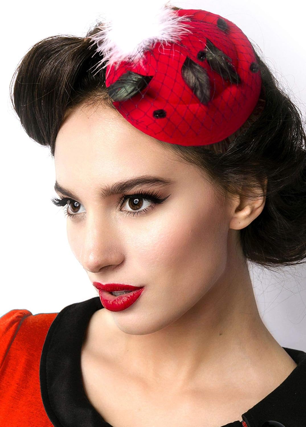 Atixo 14769 Elegant Fascinator Mini Hat Red S-L with Decorative Feathers and Mesh Trim Carnival Fancy Dress OS