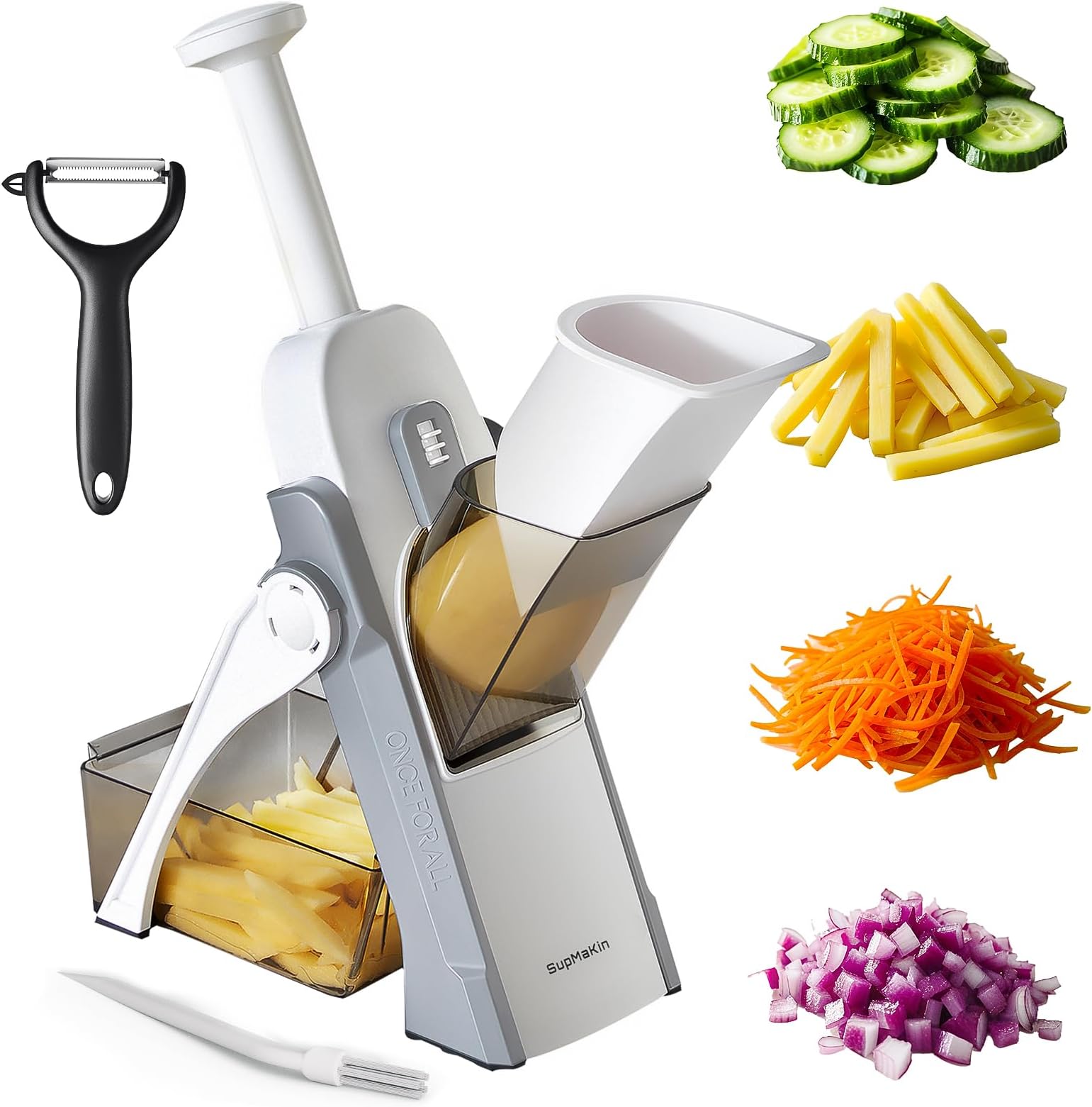 SupMaKin Safe Mandoline Slicer, Upright Vegetable Potatoes Slicer Chopper, Julienne + Dicer, Thickness Adjuster for Kitchen Fast Meal Prep -Brown