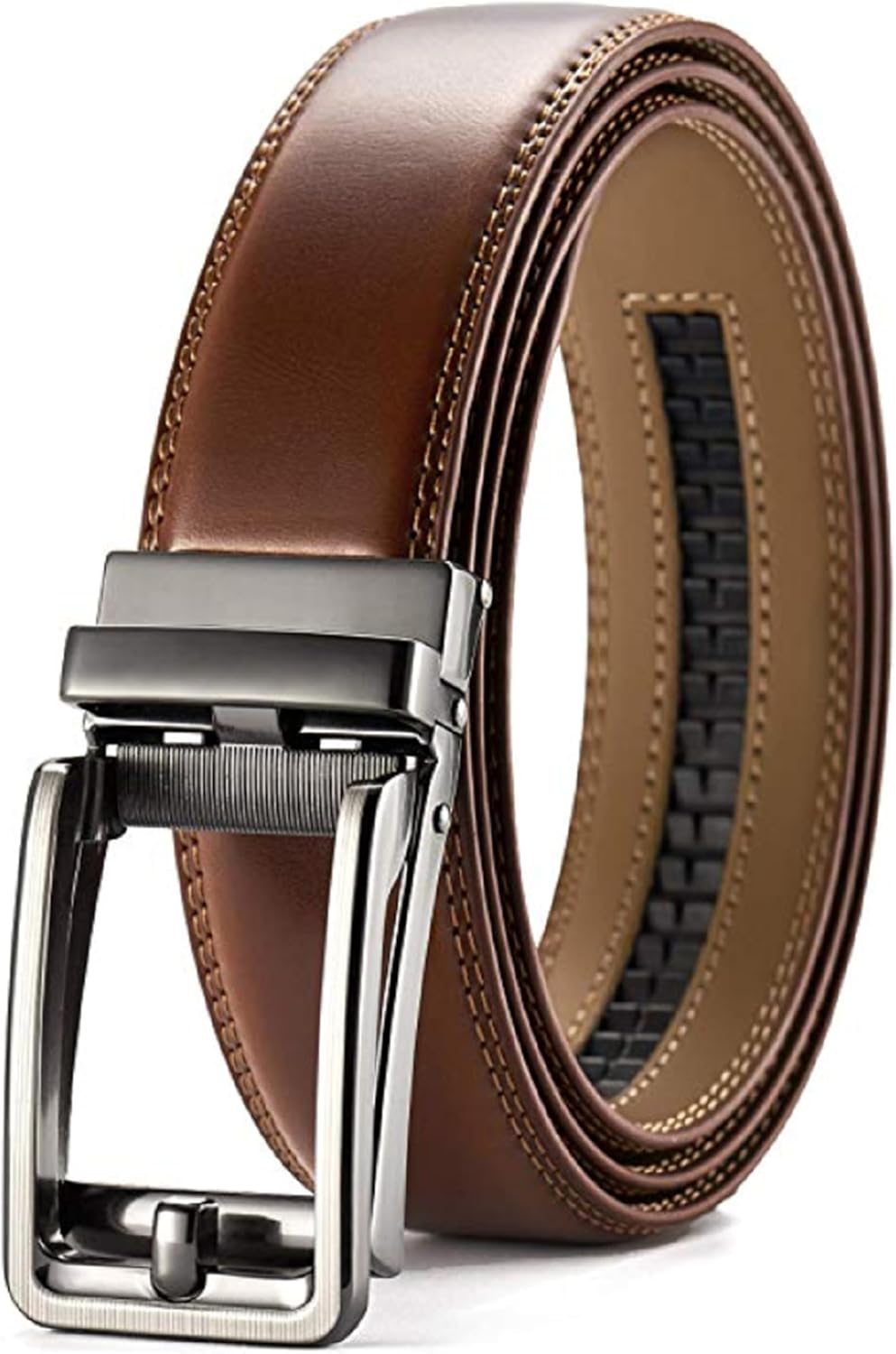 Contacts Mens Genuine Leather Auto lock Buckle Belt (Free Size, Tan)