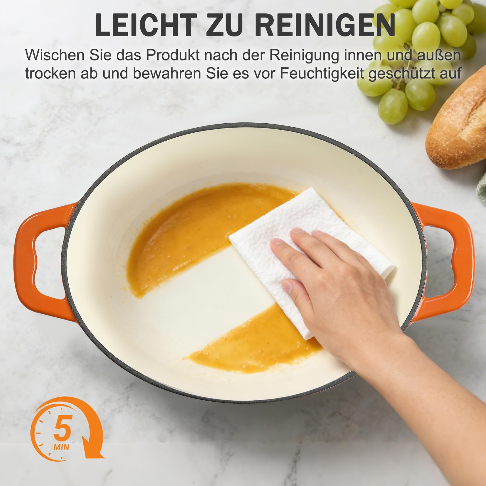 Żeliwny garnek do pieczenia z pokrywką, owalny garnek żeliwny 7,6 l, emaliowany, duży garnek do duszenia z pokrywką, do wszystkich rodzajów kuchenek indukcyjnych (pomarańczowy)