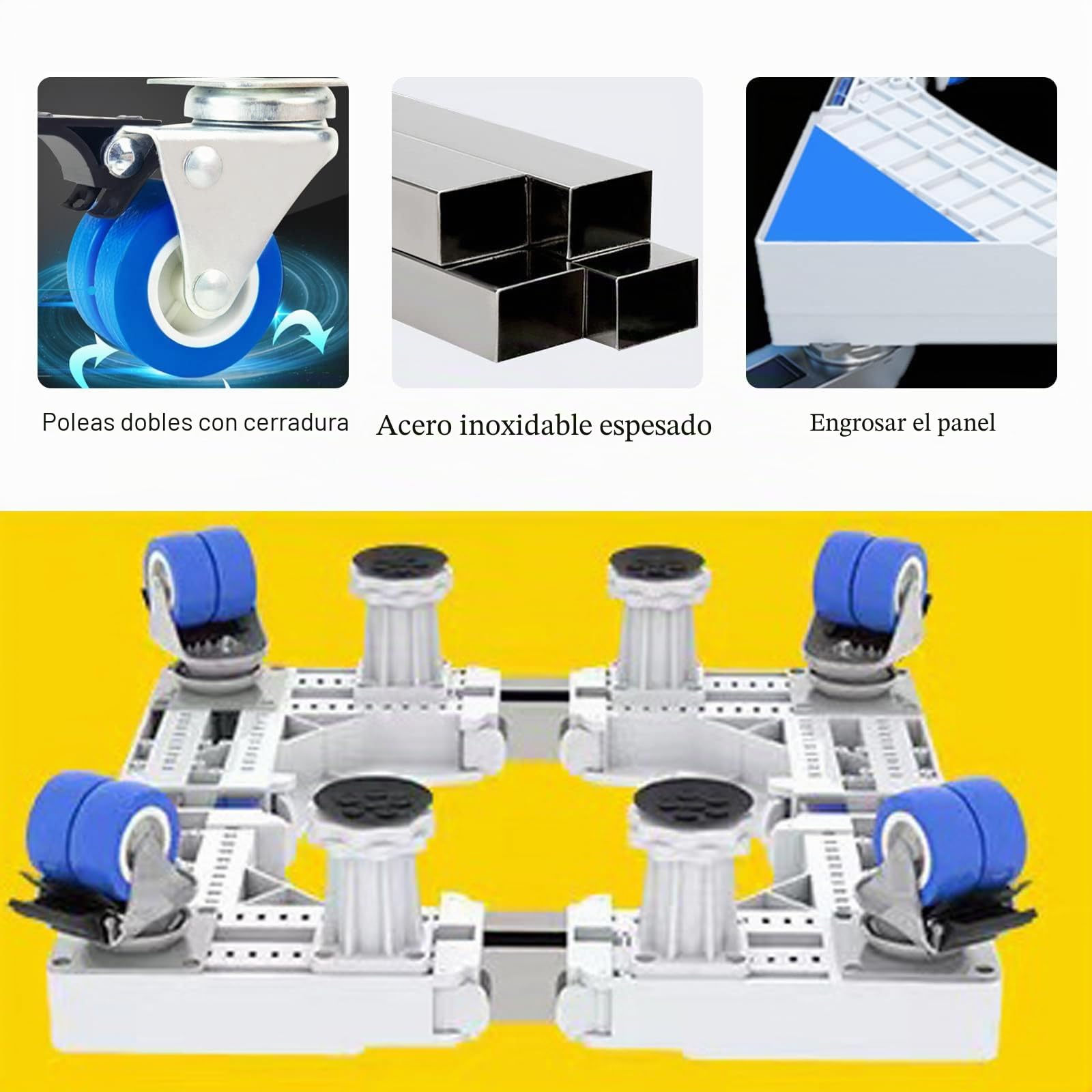 Base extraíble para lavadora, base ajustable de 41 a 64 cm, para secadora, frigorífico, alta resistencia, amortiguador y reducción de ruido [clase energética A+++] (4 patas y 4 ruedas)