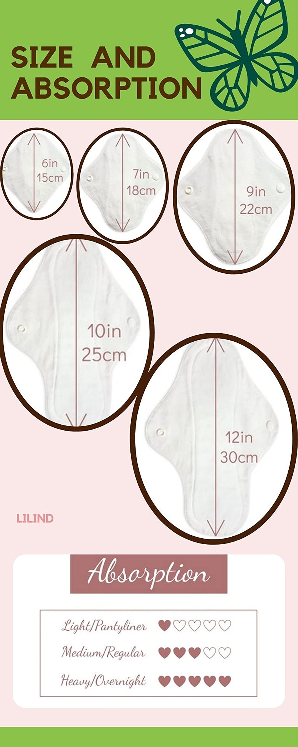 Lilind - Juego de 6 almohadillas de tela orgánicas de 9 pulgadas, set de principiante, bolsa húmeda con cremallera, reutilizables e impermeables, servilletas sanitarias menstruales, 100 % algodón