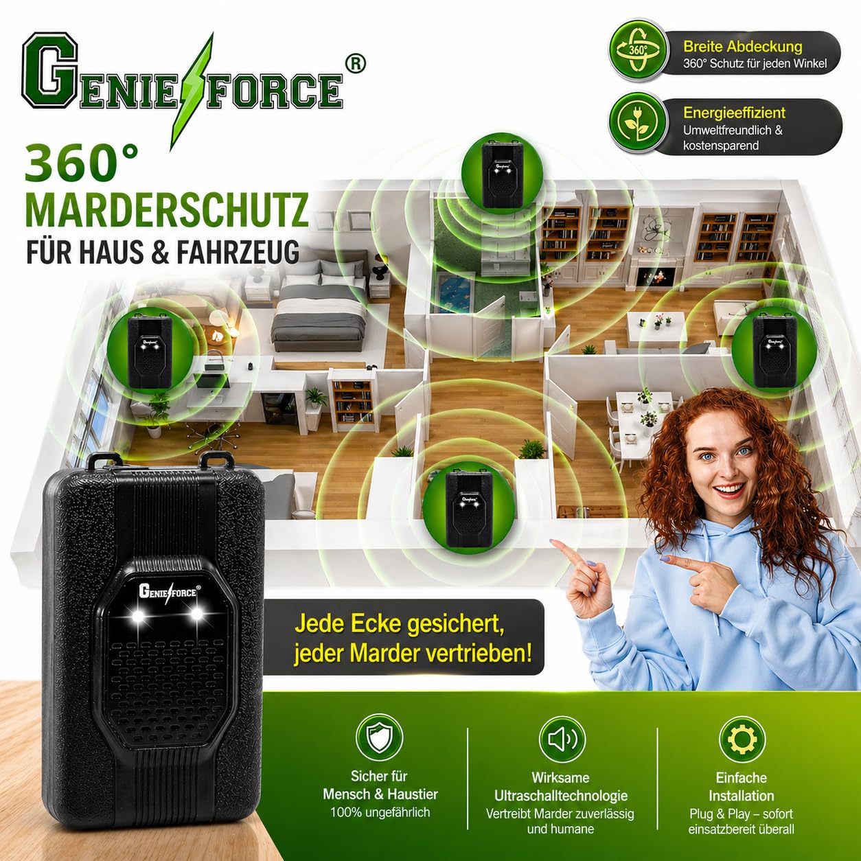 2 x Genieforce® Marder Combat+ Marderschutz, Marderschreck Ultraschall, Marderabwehr, Mäuseabwehr für Autos, Haus, und Garten, Anschluss an 12V Autobatterie, USB oder Batteriebetrieb - GF-JC-77