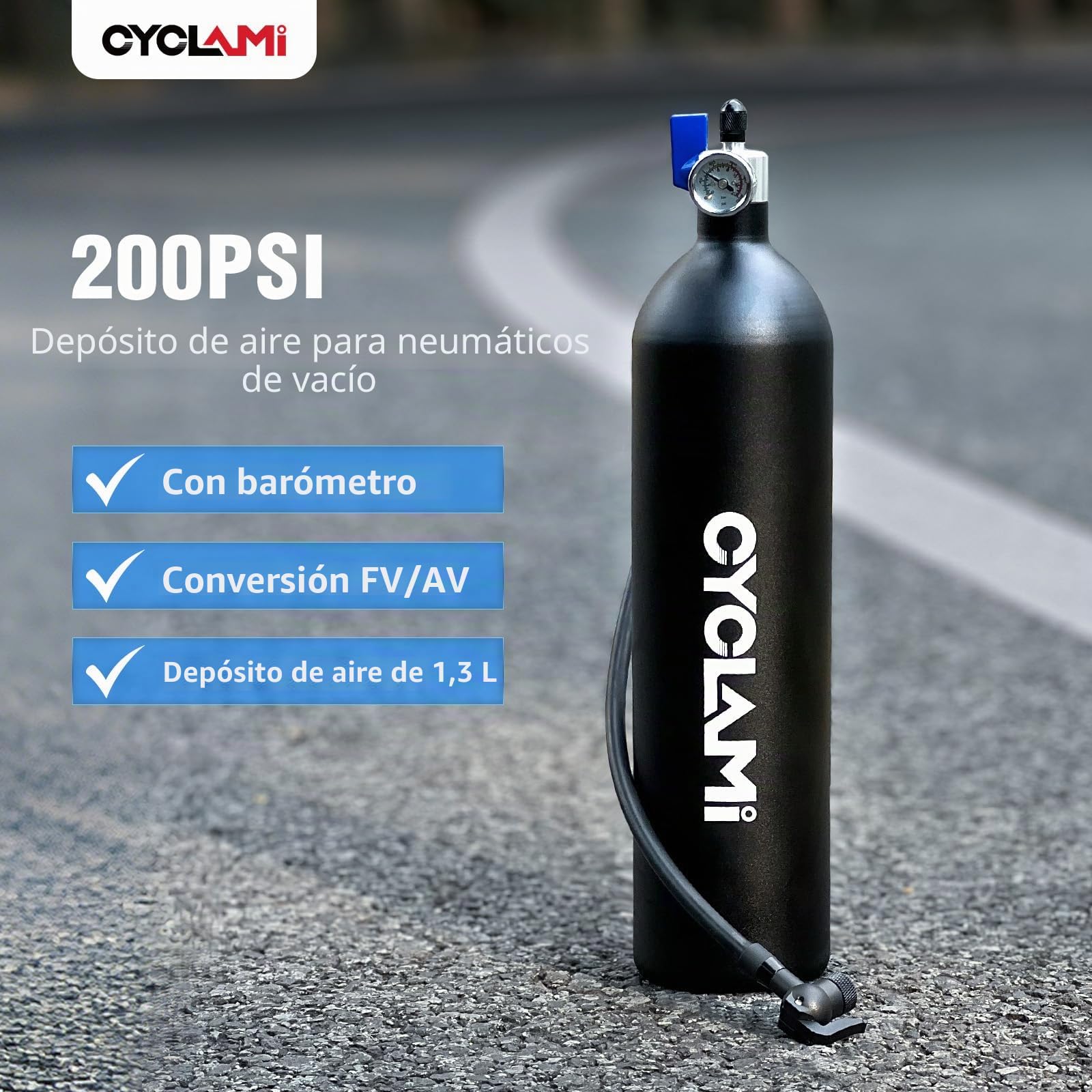 Inflador Tubeless con Barómetro 1,3 L / 200 PSI (13.79 Bar) - Aluminio Reutilizable Bomba para Inflar Neumáticos Tire Booster - Bomba de Aire Bicicleta de Carretera y Montaña con AV/FV