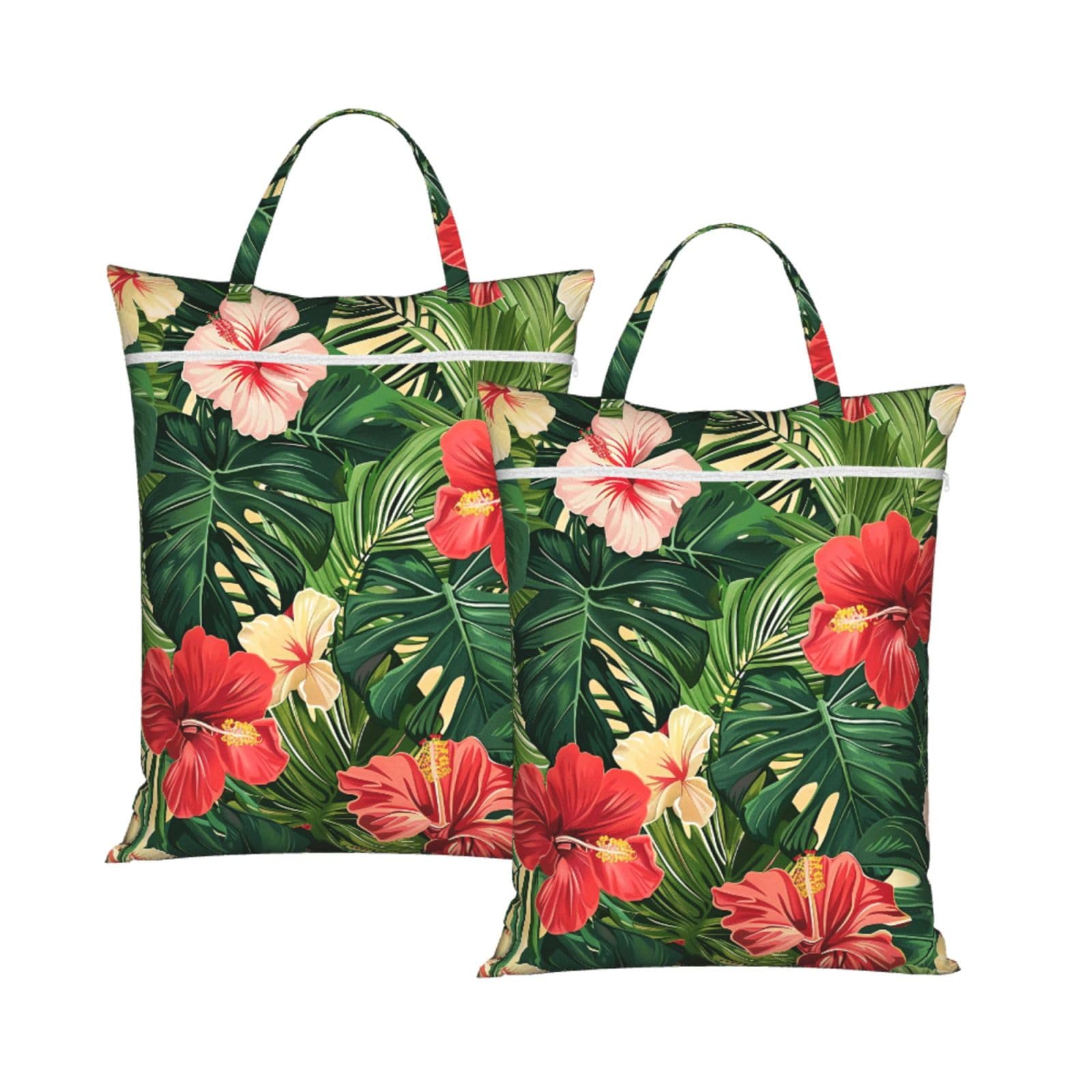Large Travel Laundry Bags,Vegetation Leaves with Hibiscus Flowers Print with Handle Foldable Laundry Bag for Holidays Gym Swimming and Family Trips, 2Pcs