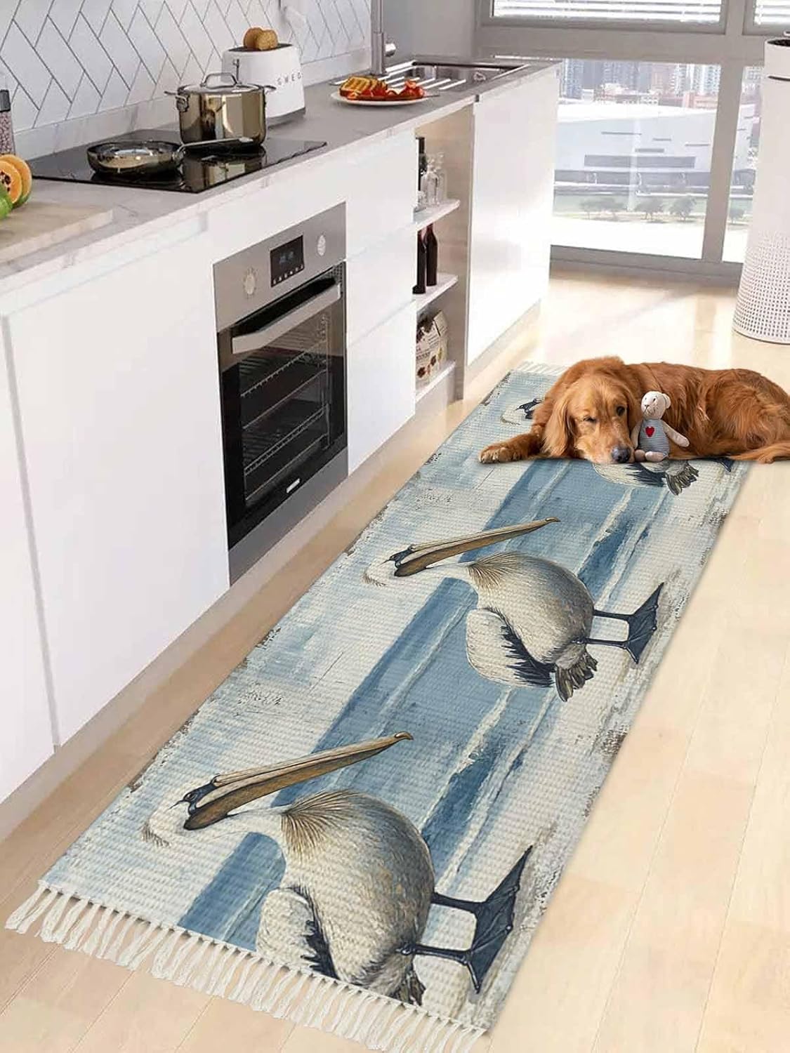 Summer Seaside Kitchen Runner Rug 2'x5' Bathroom Rug with Tassels Washable Woven Area Rugs Pelican Birds Oil Painting Ocean Art Hallway Runner Rugs Indoor Throw Carpet for Bedside Living Room Entryway