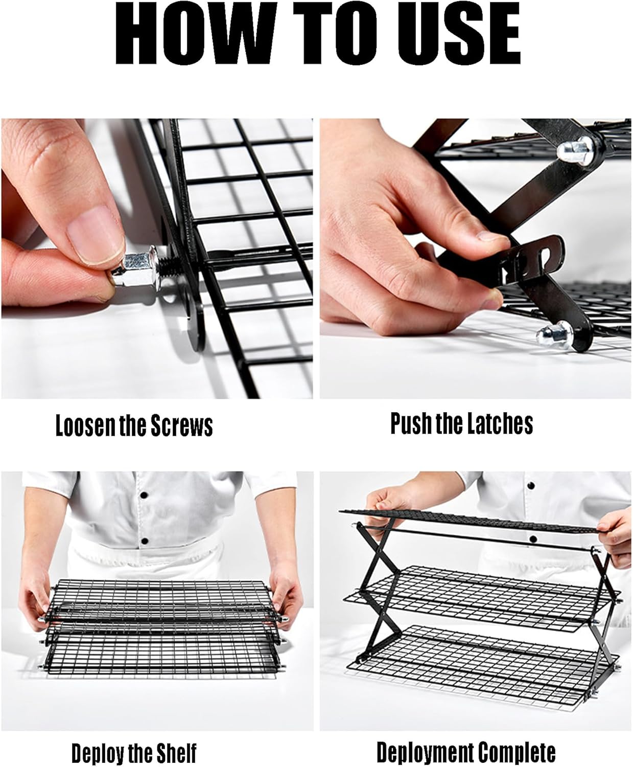 3/4-Tier Collapsible Cooling Rack – Expand to Bake, Collapse to Save Space, Adjustable Stack Multi-tier Cooling BAKEWARE, Cool Dozens of Cookies, Cakes, Pastries, 1s Folds Flat (4 Tiers)