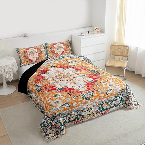 Miniatura 9 de Erosebridal Juego de edredón de cachemira tamaño Queen, ropa de cama floral bohemia, colorido caqui damasco flores bohemio abstracto cuadrícula,