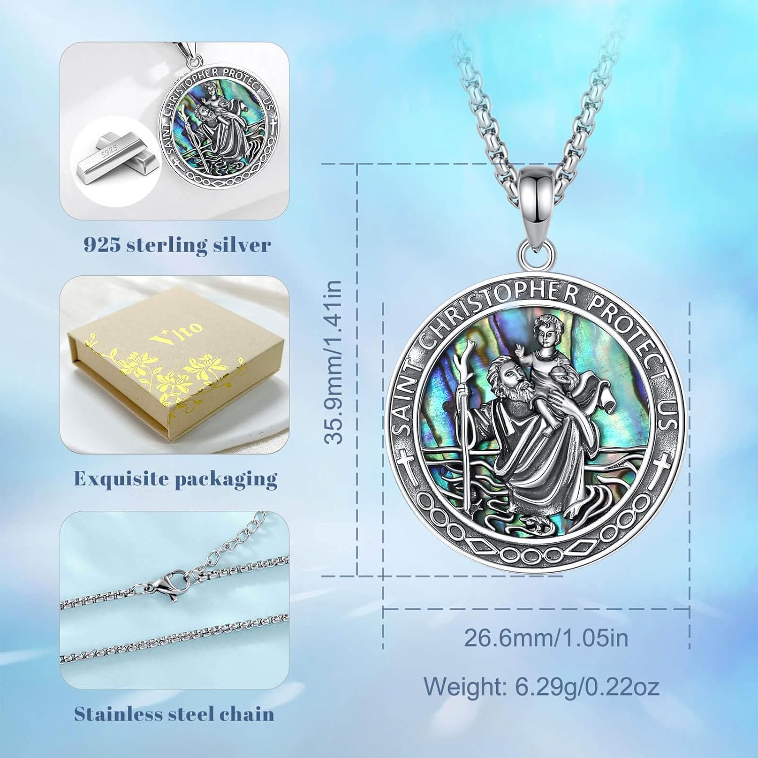 Vito 925 Sterling Silver Saint Necklaces for Women Men, St Michael/Crucifix/Caravaca/St Jude/Virgin Mary Pendant Patron Saint Amulet Medal Religion Jewelry Gift - Image 4