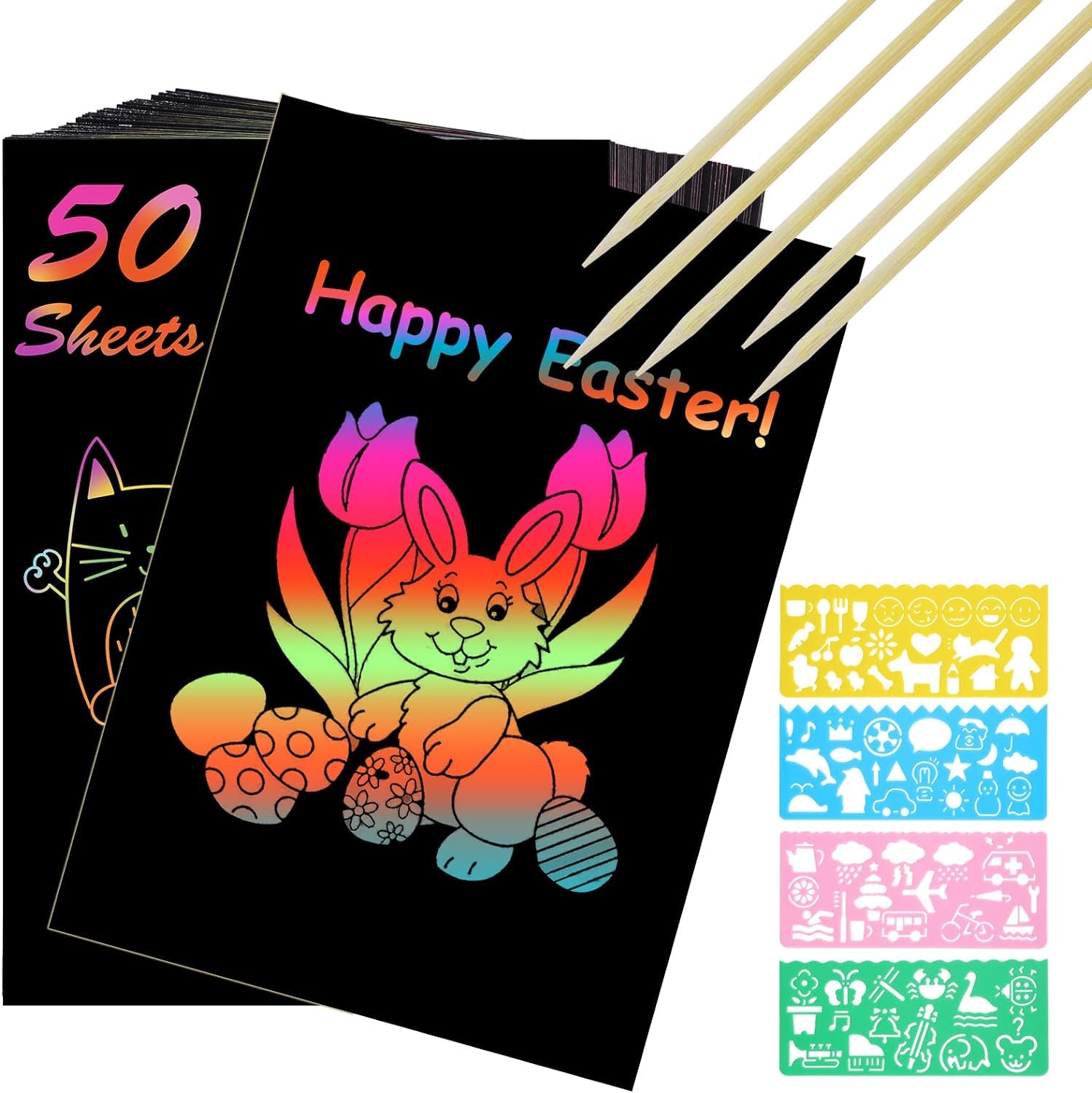 Mumoo Bear Rainbow Scratch Art, 50Pcs Black Magic Scratch Art Notes Painting Boards Arts and Crafts for Kids with 4 Stencils 5 Wooden Stylus Birthday Gifts DIY Party Gift(13 * 19CM)