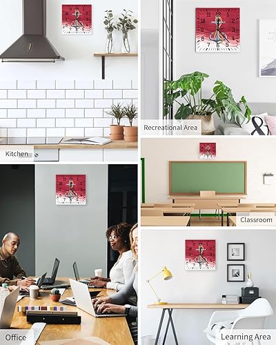 Miniatura 5 de Anchor Red Wooden Wall Clock Silent Non Ticking, Nautical Coastal Ombre Ripple Ocean Theme Square Wall Clock Battery Operated, Decor Clock for Home