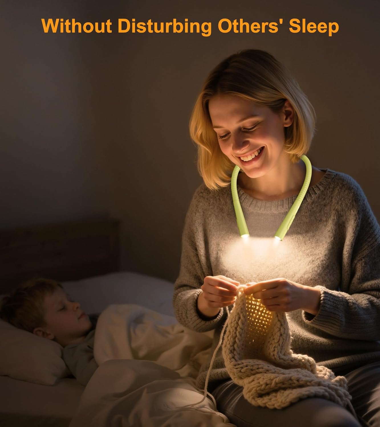 Graphic showing 1000mAh battery, USB-C charging, and 80+ hours runtime for the Gritin G1328 Neck Reading Light.