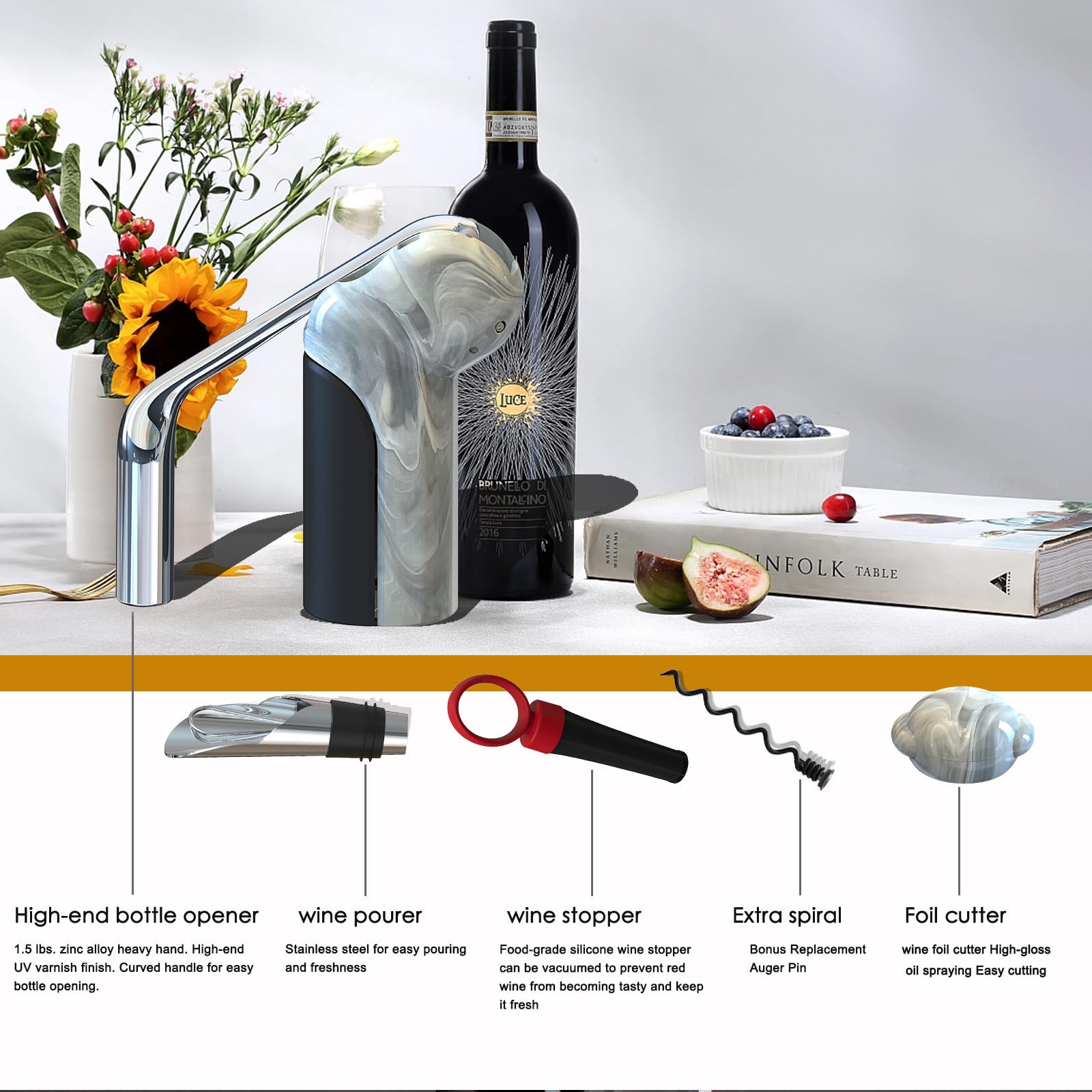 f-elephant Wine Opener Set, Wine Bottle Opener with Wine Foil Cutter, Extra Spiral, Wine Pour, and Wine Stopper, Lever Corkscrew Wine Bottle Opener (Marble)