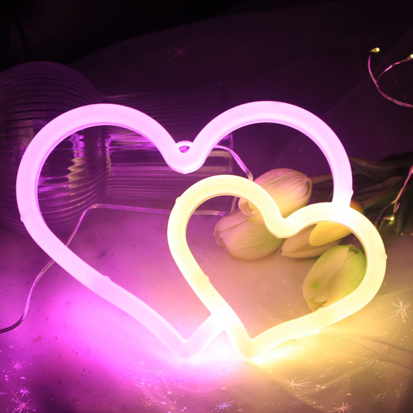 DAKABUKA Dual Heart Neon Signs for Wall Decor Led Neon Signs for Bedroom Wall Neon Lights for Home Party Wedding Bachelorette Parties Marriage Proposals Birthday Parties Christmas Decorations — image 1