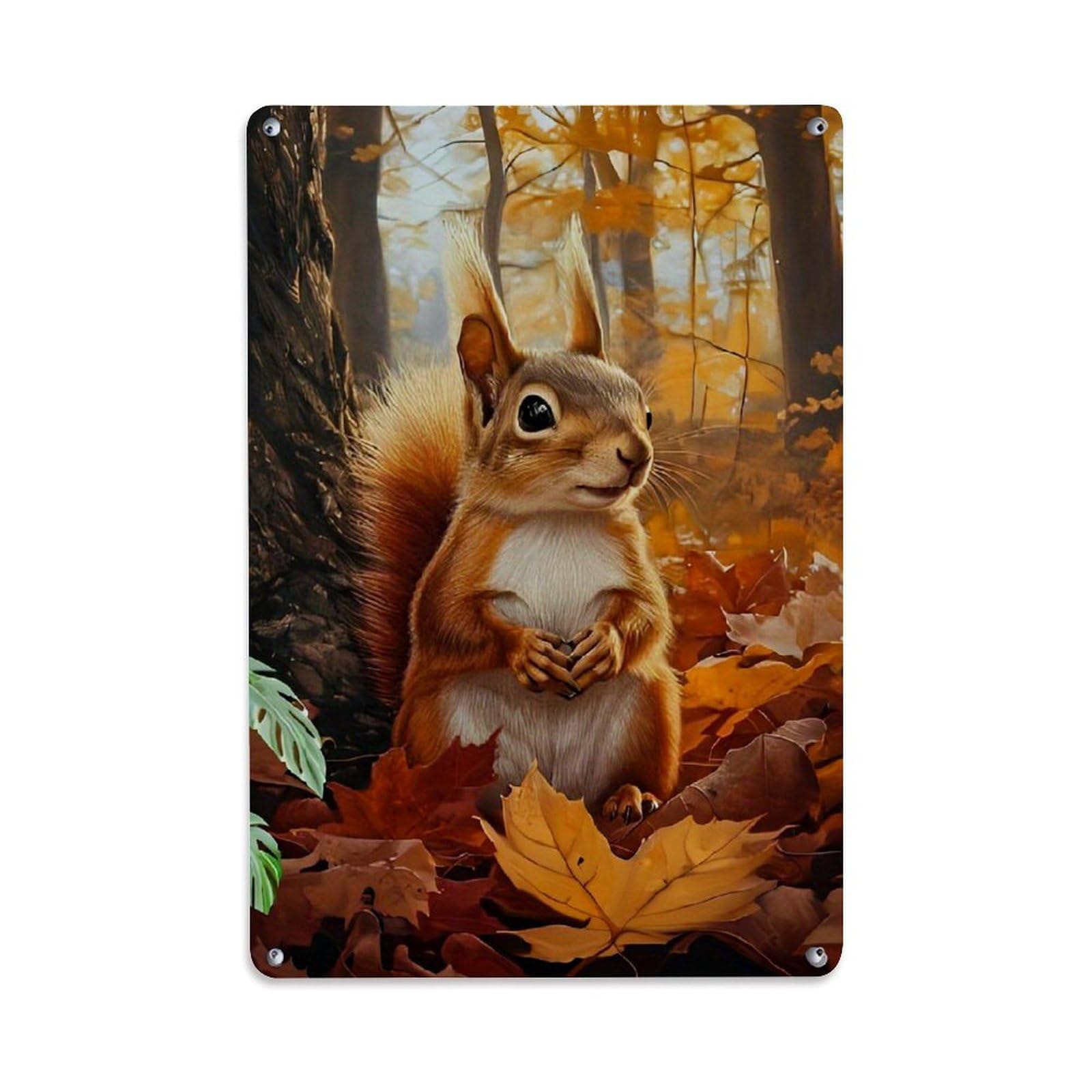 Bliveurn Vintage Autumn Squirrel In Forest Scene Retro Metal Tin Sign, Metal Poster For Home, Gaming Room, Studio Workshop,Bar,Garage Wall Art Decor 8X12 Inch