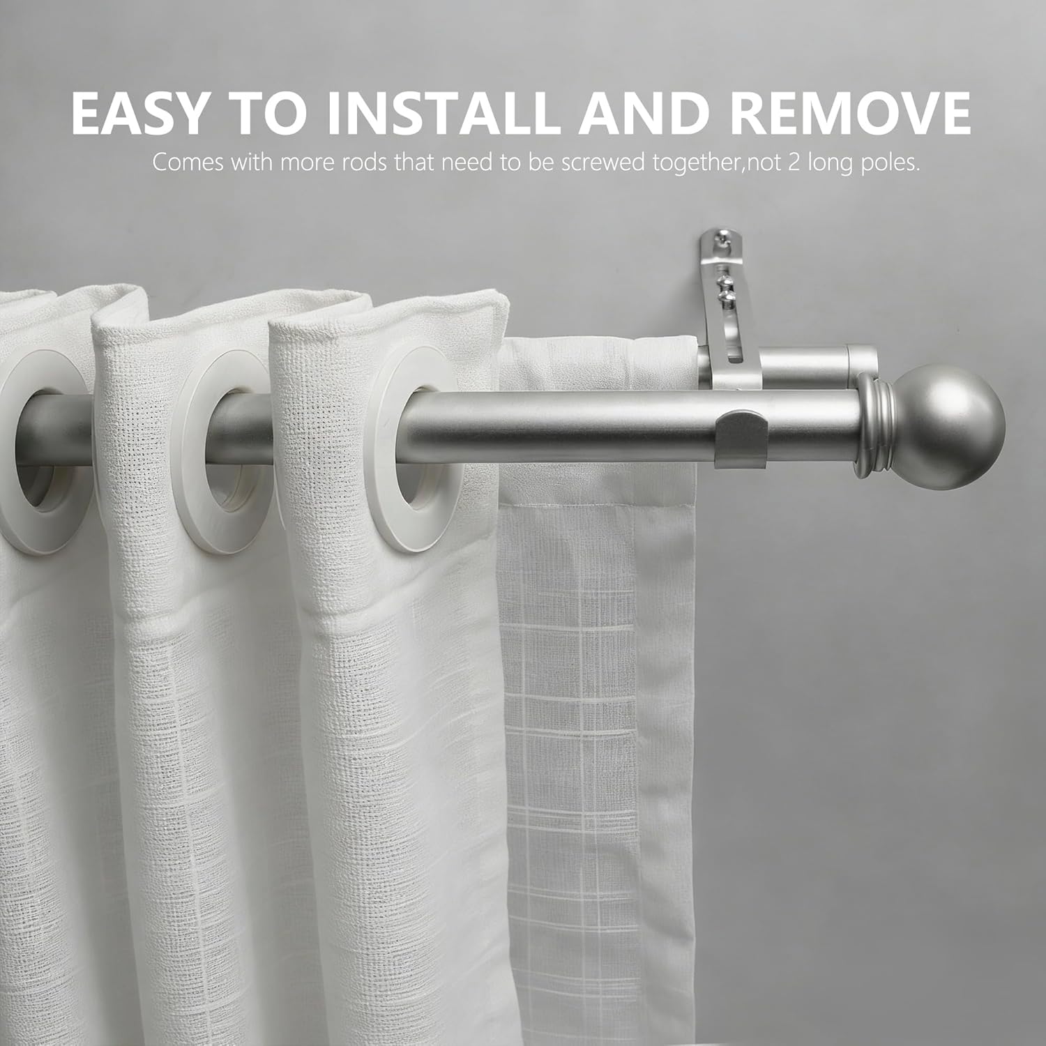 Silver Double Curtain Rods for Windows 16-120 inch, Decorative Curtain Rod Set, Adjustable Heavy Duty Drapery Rod for Bedroom, Livingroom